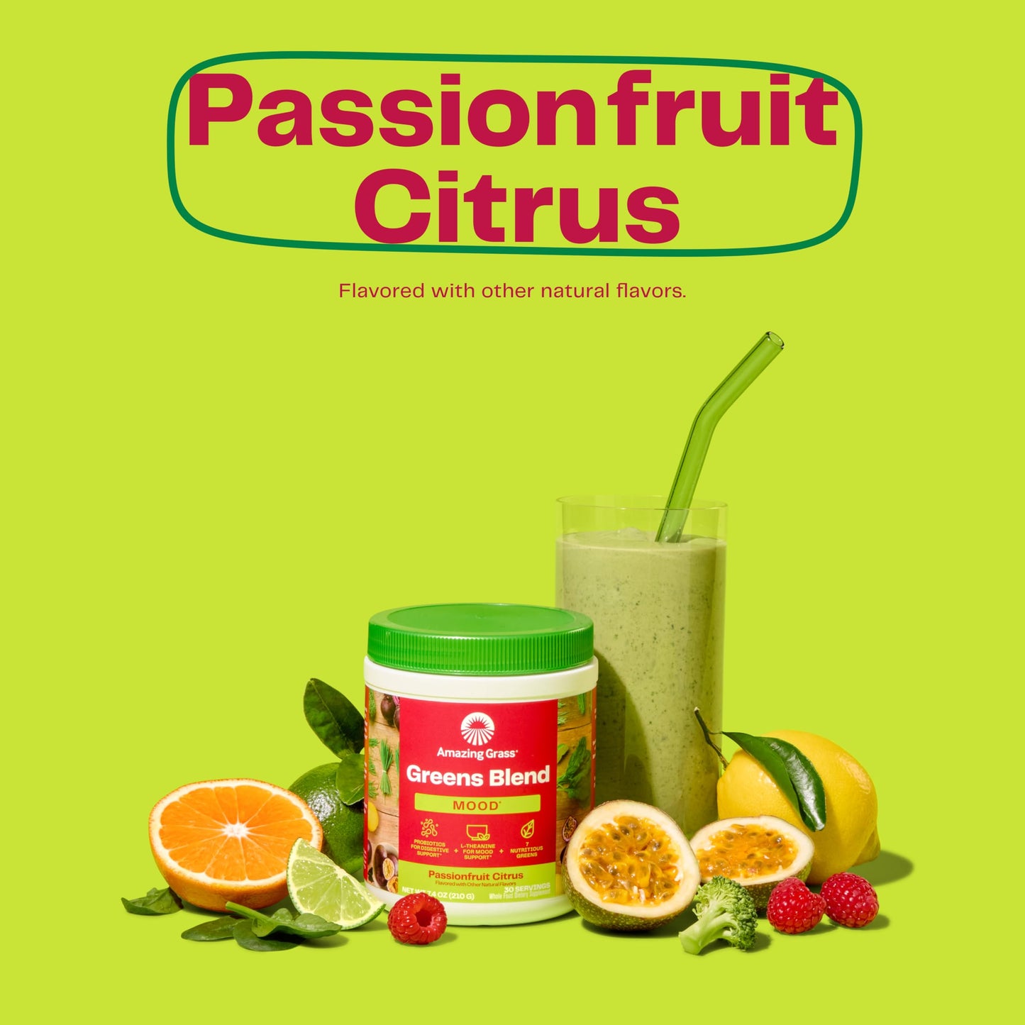Amazing Grass Greens Blend Mood, Super Greens Powder Smoothie Mix for Stress Support, L-Theanine, Relaxation, Spirluna, Probiotics, Passionfruit Citrus, 7.4 Ounce Powder