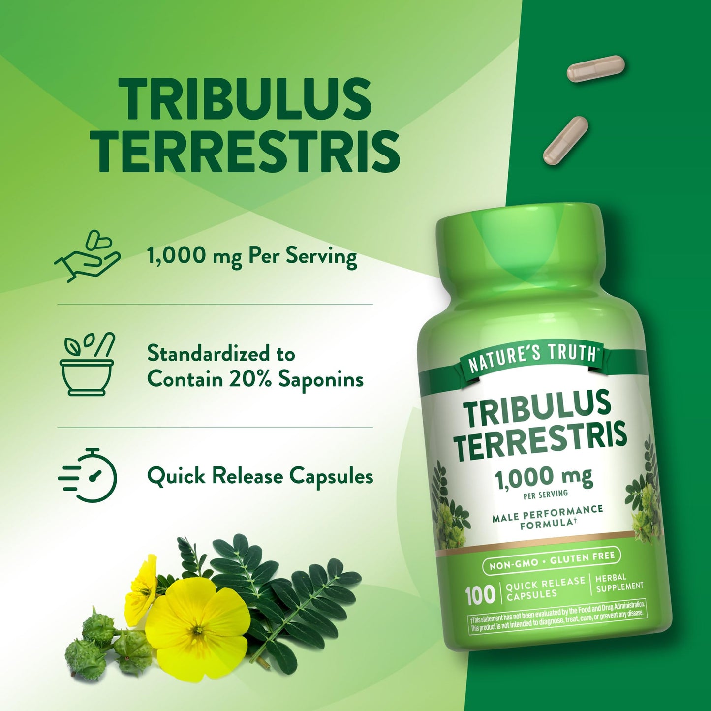 Nature's Truth Tribulus Standardized Extract, Minimum 45% Saponins, 1000 mg, 100 Capsules