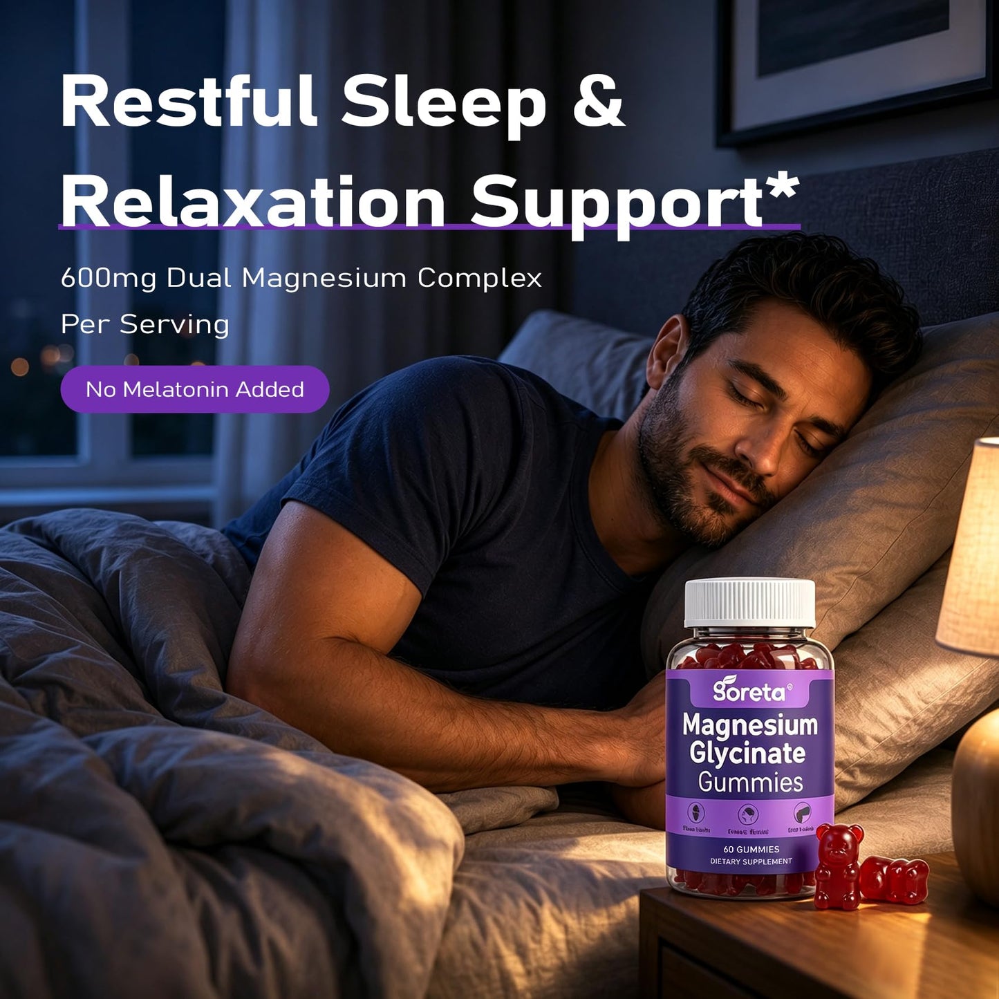 Goreta Magnesium Glycinate Gummies 600mg Complex, Sugar-Free, Sleep Support, 60 Gummies