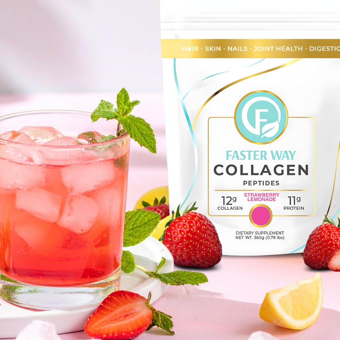 FASTer Way to Fat Loss Collagen Peptides Powder Strawberry Lemonade 13 Ounce