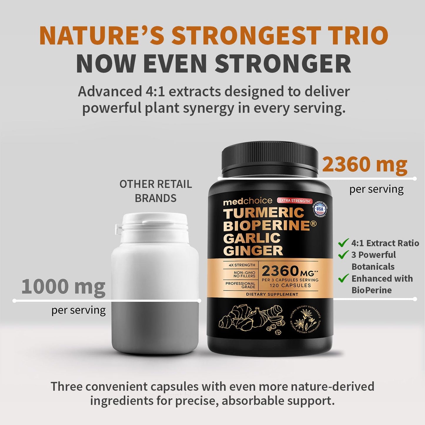 MEDCHOICE Extra Strength Turmeric Capsules, High-Absorption 2360 mg Curcumin, Non-GMO with Black Pepper, Organic, 120 Capsules