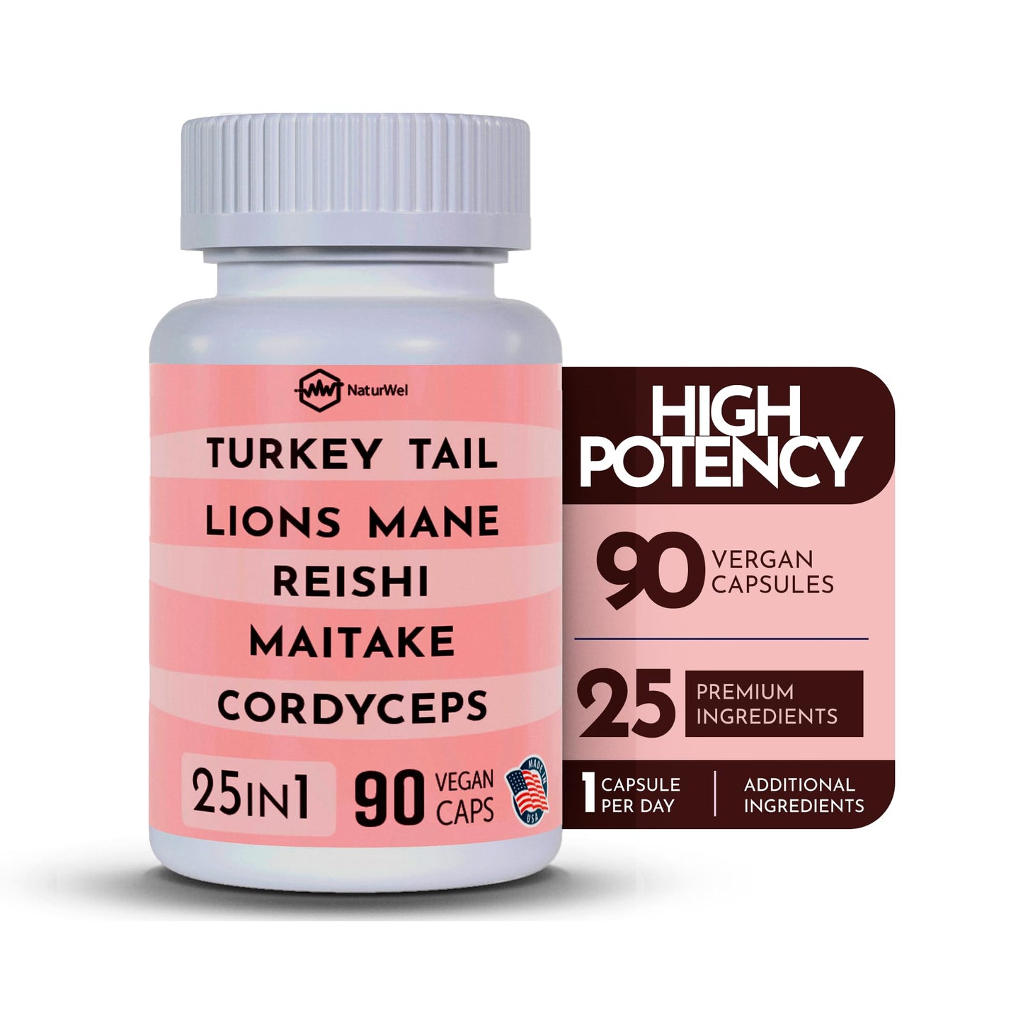 NaturWel Turkey Tail 3000mg Lions Mane 3000mg Reishi 1500mg Mushroom Blend Capsules, 90 Count