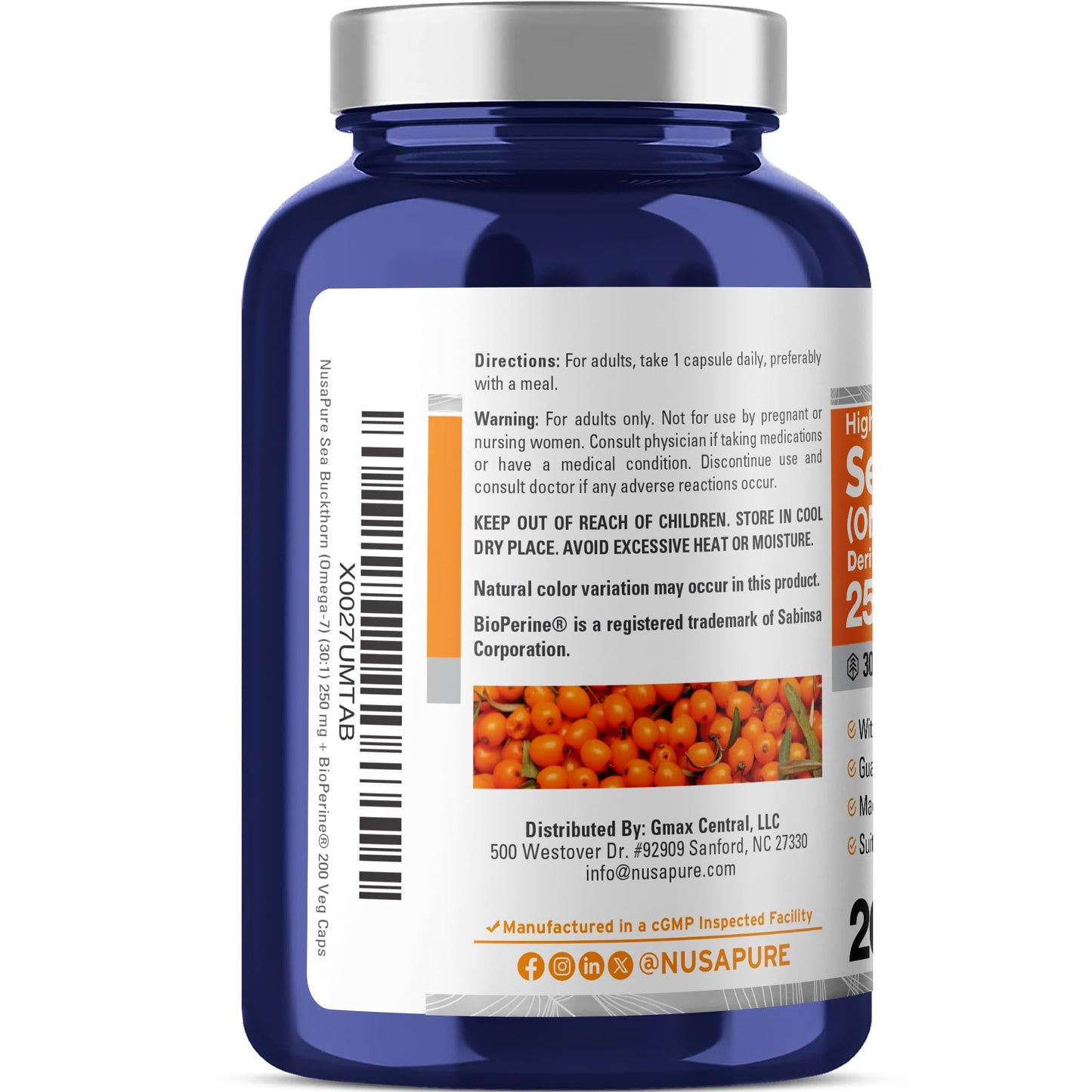 NusaPure Sea Buckthorn Omega-7 250 mg Capsules, 200 Count