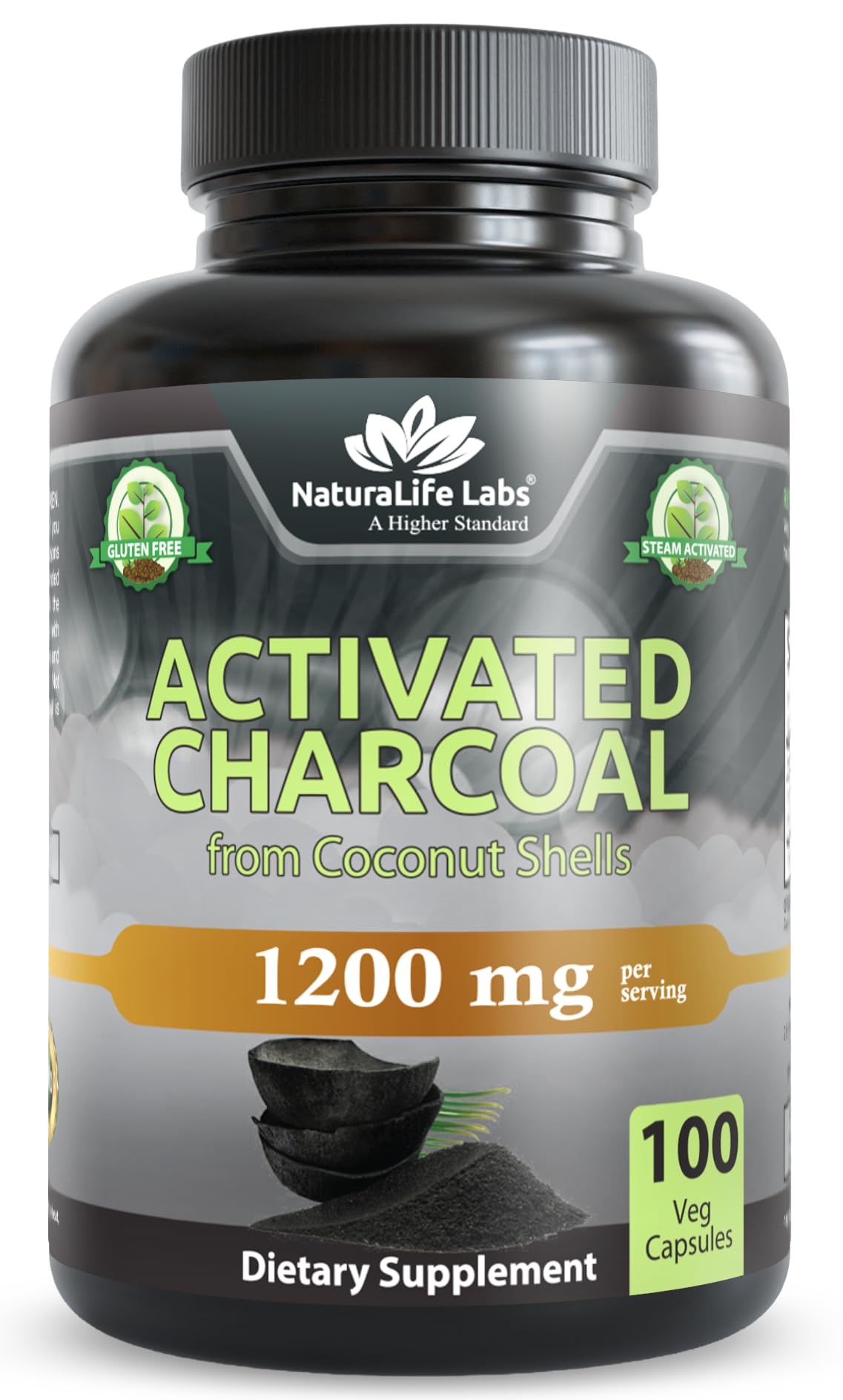 NaturaLife Labs Activated Charcoal 1200 mg per Serving from Coconut Shells Veg Capsules, 100 Count