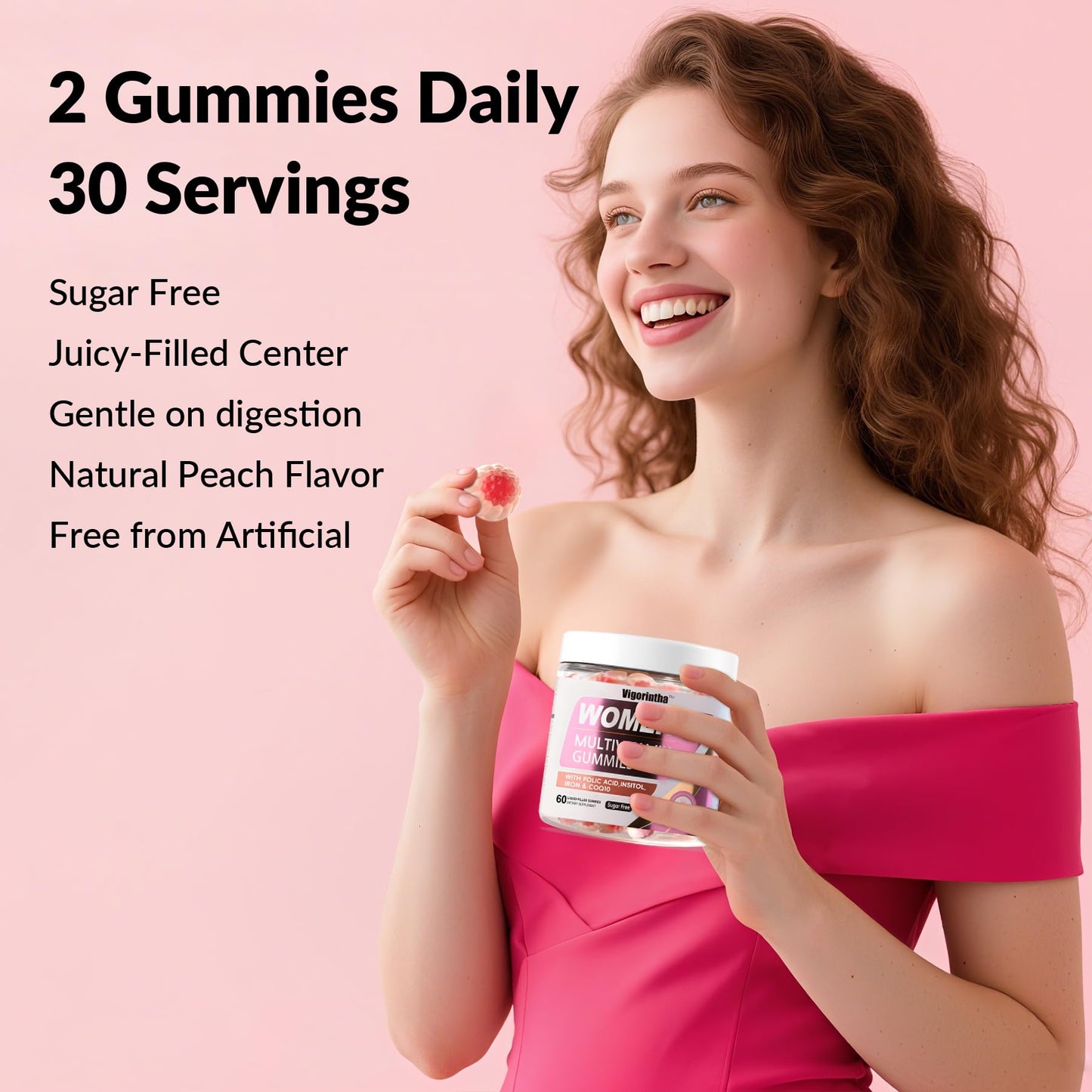 Vigorintha Sugar Free Women's Multivitamin Gummies with 19 Vitamins & Minerals, Iron, Calcium, Folate, Biotin, Inositol – Vegan, Natural Peach Flavor, 120 Count