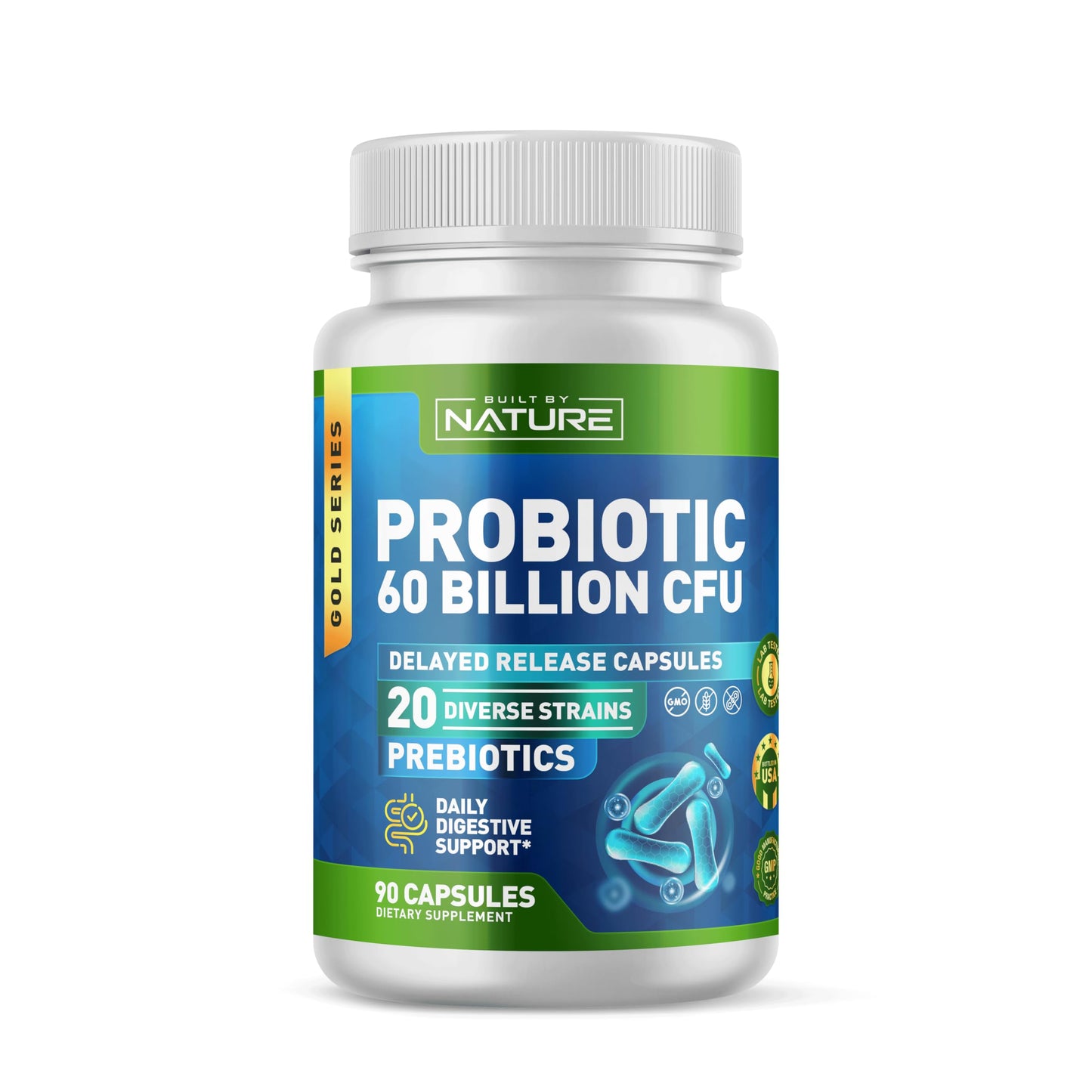 Built by Nature Probiotic 60 Billion CFU – 20 Strains + Prebiotics – Immune & Digestive Support – for Women & Men – Delayed Release Capsules, Shelf Stable – 3 Month Supply – 90 Capsules