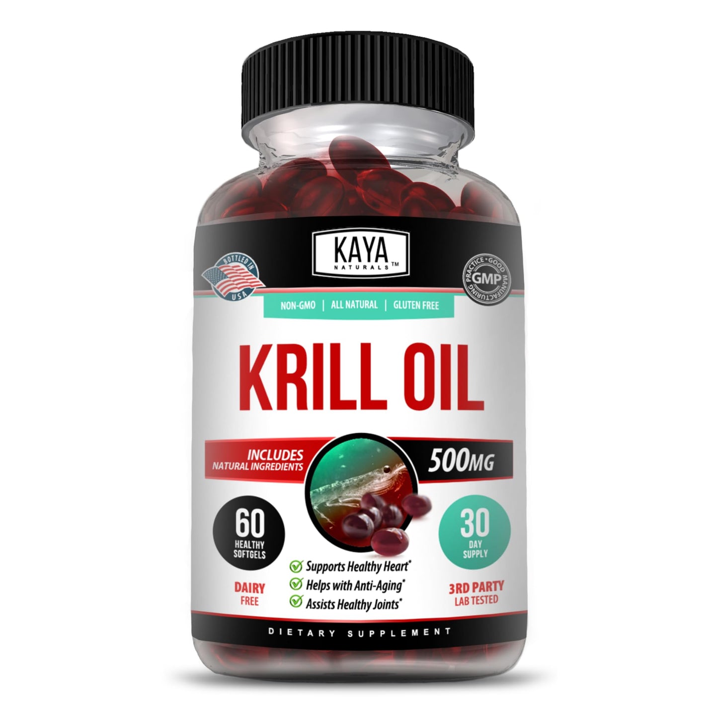 Kaya Naturals Antarctic Krill Oil 500mg with Omega-3 EPA/DHA, Phospholipids & Astaxanthin Softgels, 60 Count