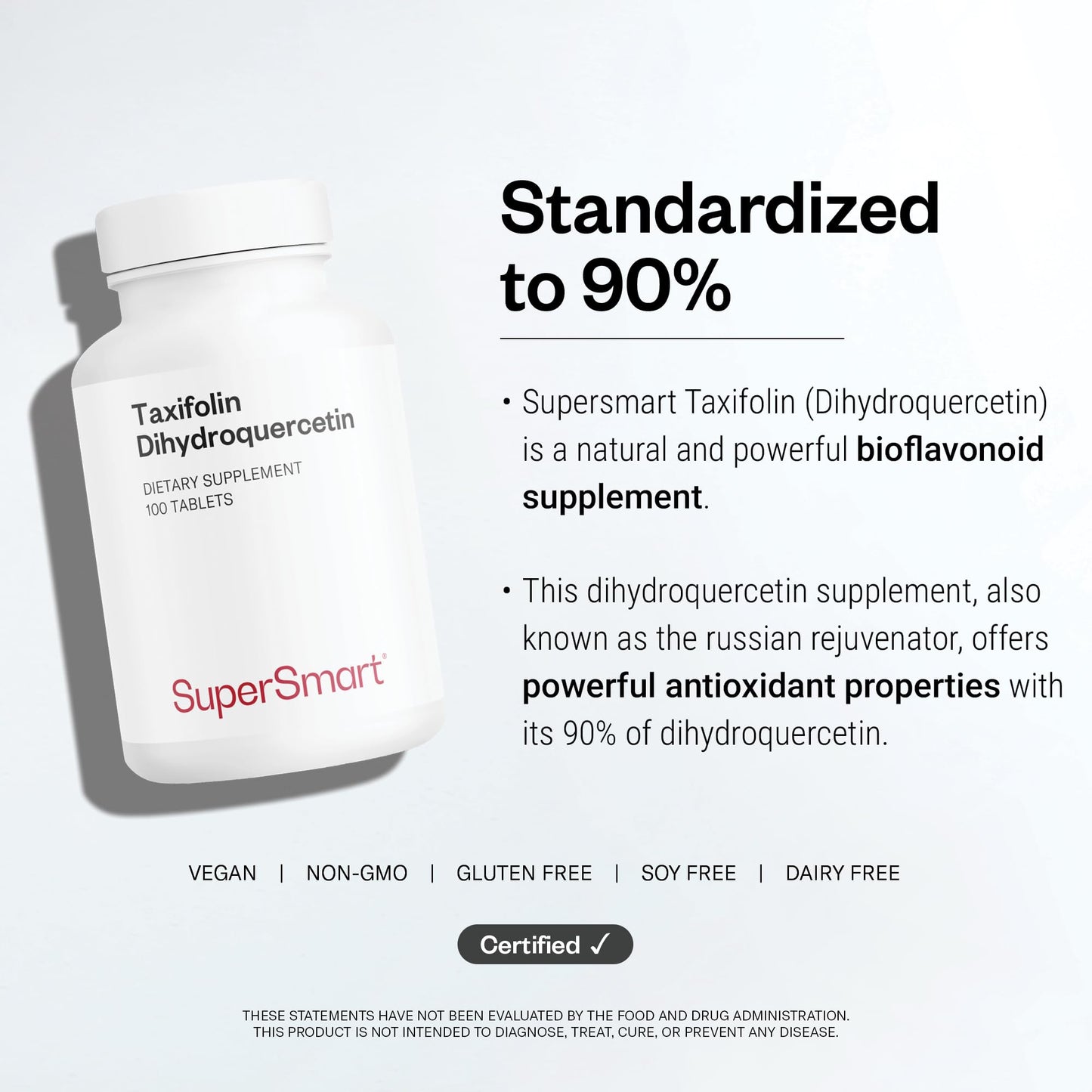 Supersmart Taxifolin Dihydroquercetin 60mg per Day (90% DHQ) with Russian Siberian Dahurian Larch Tree Extract Antioxidant Bioflavonoid Tablets, 100 Count
