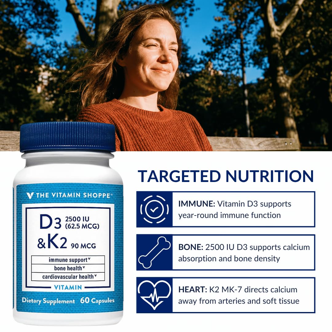The Vitamin Shoppe Vitamin D3 2500 IU & K2 90 mcg with Calcium, D3 K2 MK7 Capsules, 60 Count