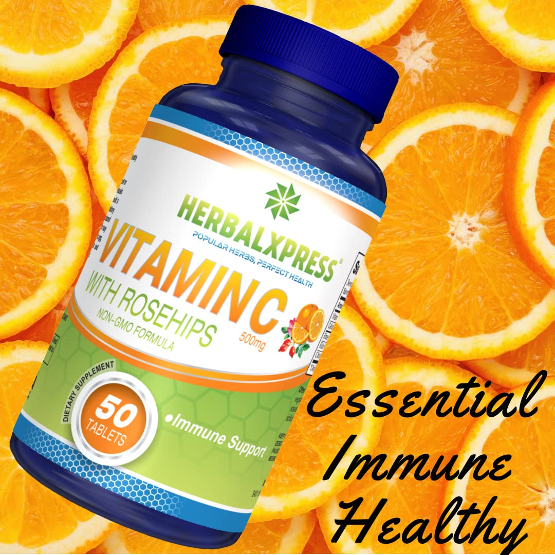 HerbalXpress LLC Vitamin C 500mg with Rose Hips, Ascorbic Acid & Citrus Bioflavonoids Tablets, 50 Count
