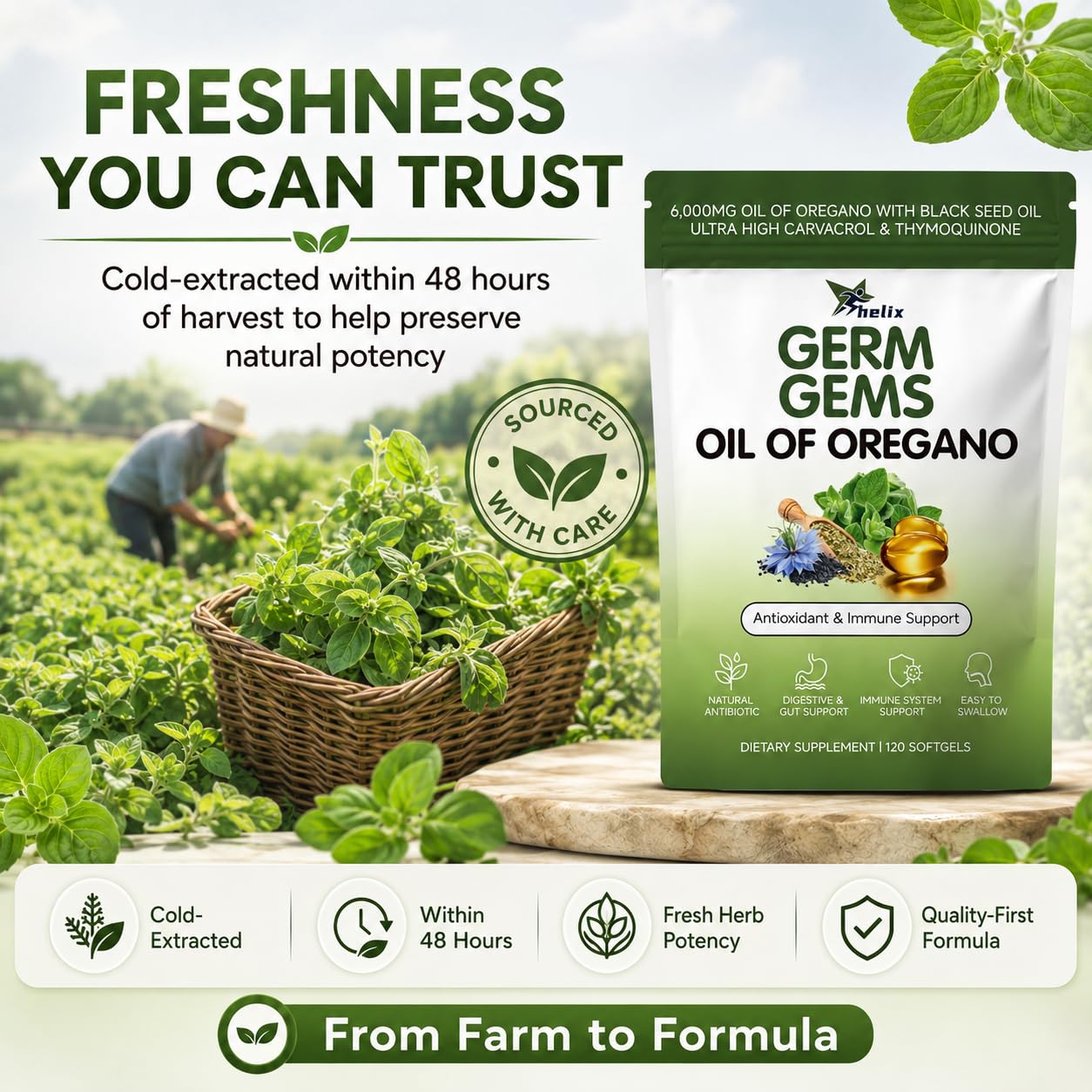 HerSpark Helix Germ Gems Oil of Oregano Softgels with Black Seed Oil, 120 Capsules