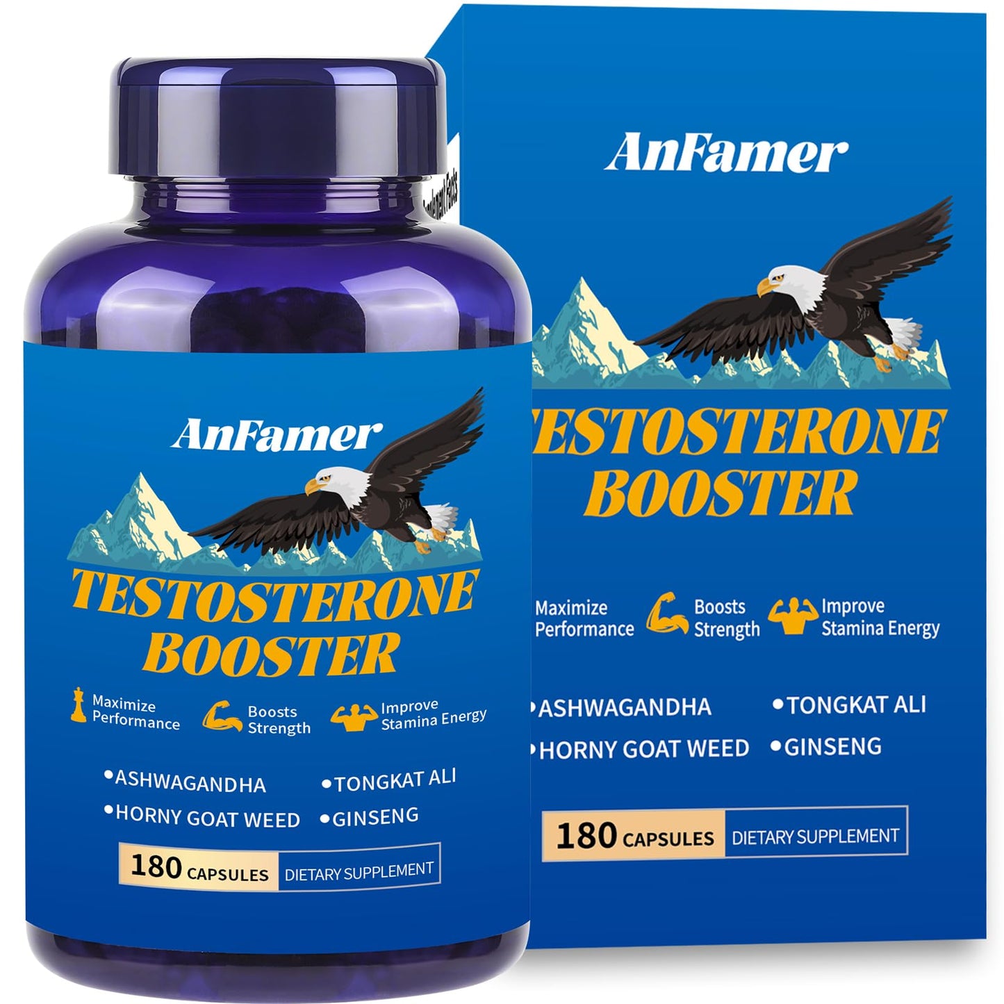 AnFamer Testosterone Booster for Men with Ashwagandha, L-Arginine, Tongkat Ali, Tribulus, Natural Testosterone Supplement for Men Workout, Strength Booster, Performance and Building Muscle, 180 Capsules