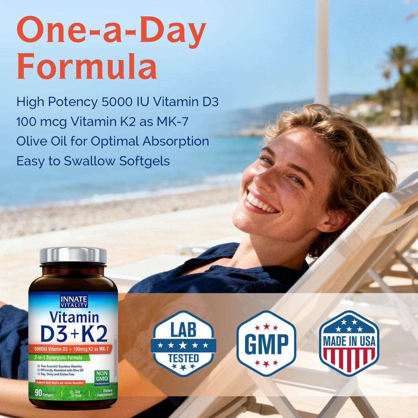 Innate Vitality Vitamin D3 K2 Supplement Softgels 90 Count