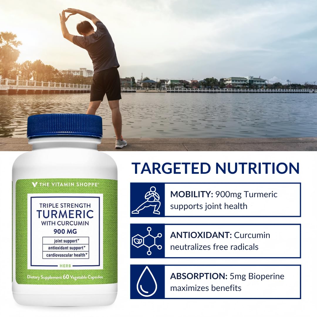 The Vitamin Shoppe Triple Strength Turmeric Supplement with Curcumin 900mg & BioPerine, Black Pepper Extract for Joint Mobility & Antioxidant Support 60 Capsules
