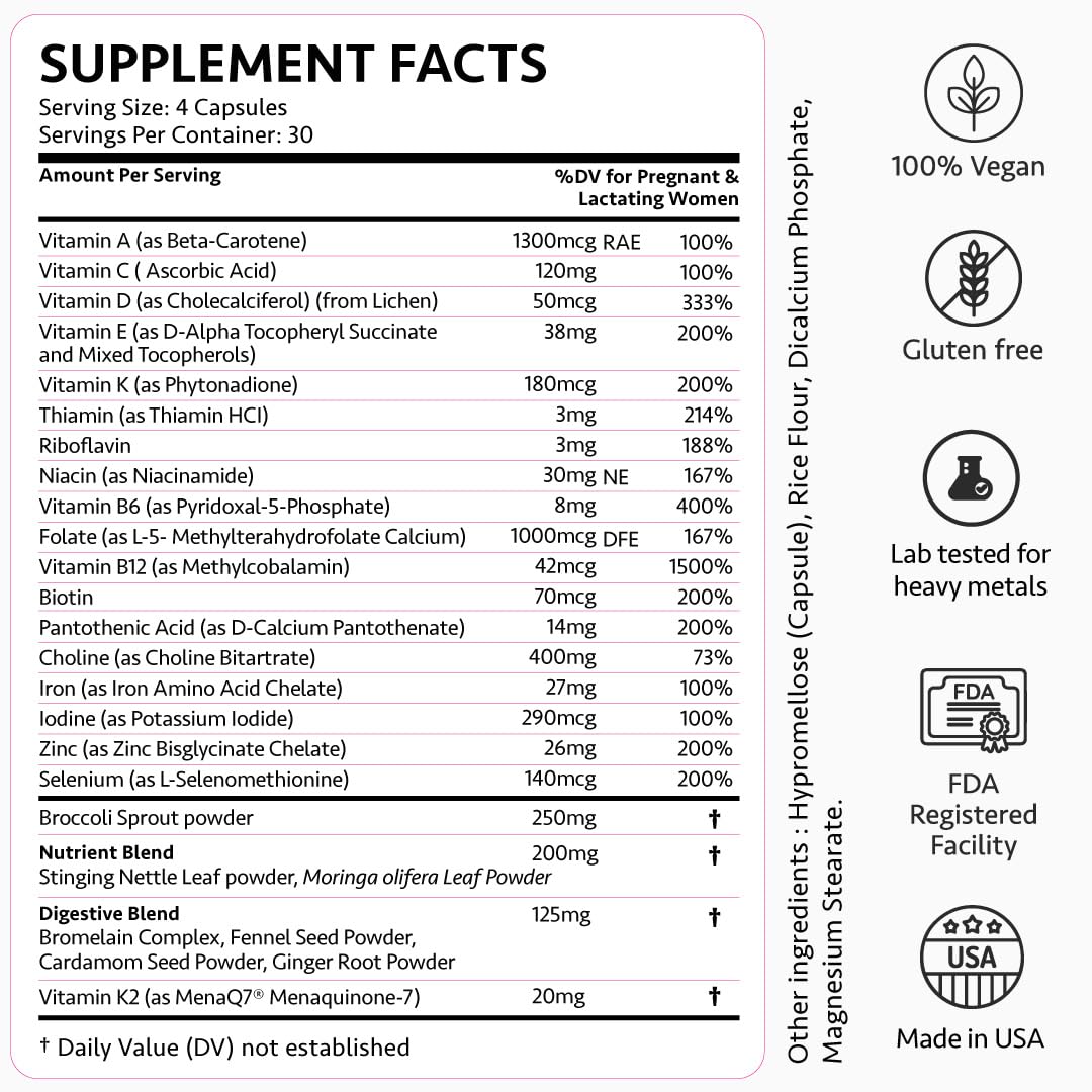 Freshly Moms Ayurvedic Elite Prenatal Vitamins with Folate, Choline, Iron, Iodine & more 120 Capsules
