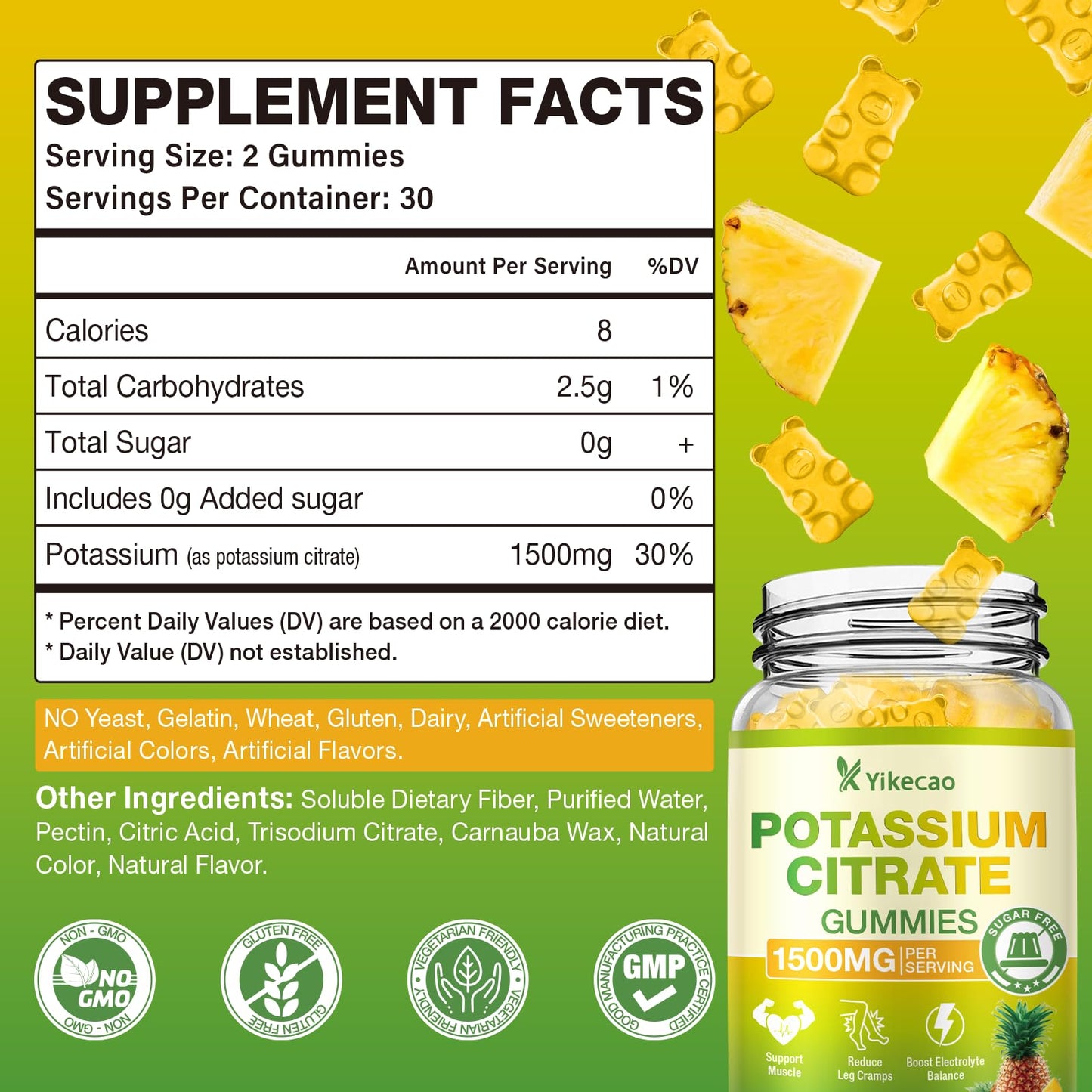 Yikecao Potassium Citrate Gummies 1500mg, Potassium Supplement Gummies for Adults, Women & Men, Sugar-Free Pineapple Flavor, 60 Count Gummies