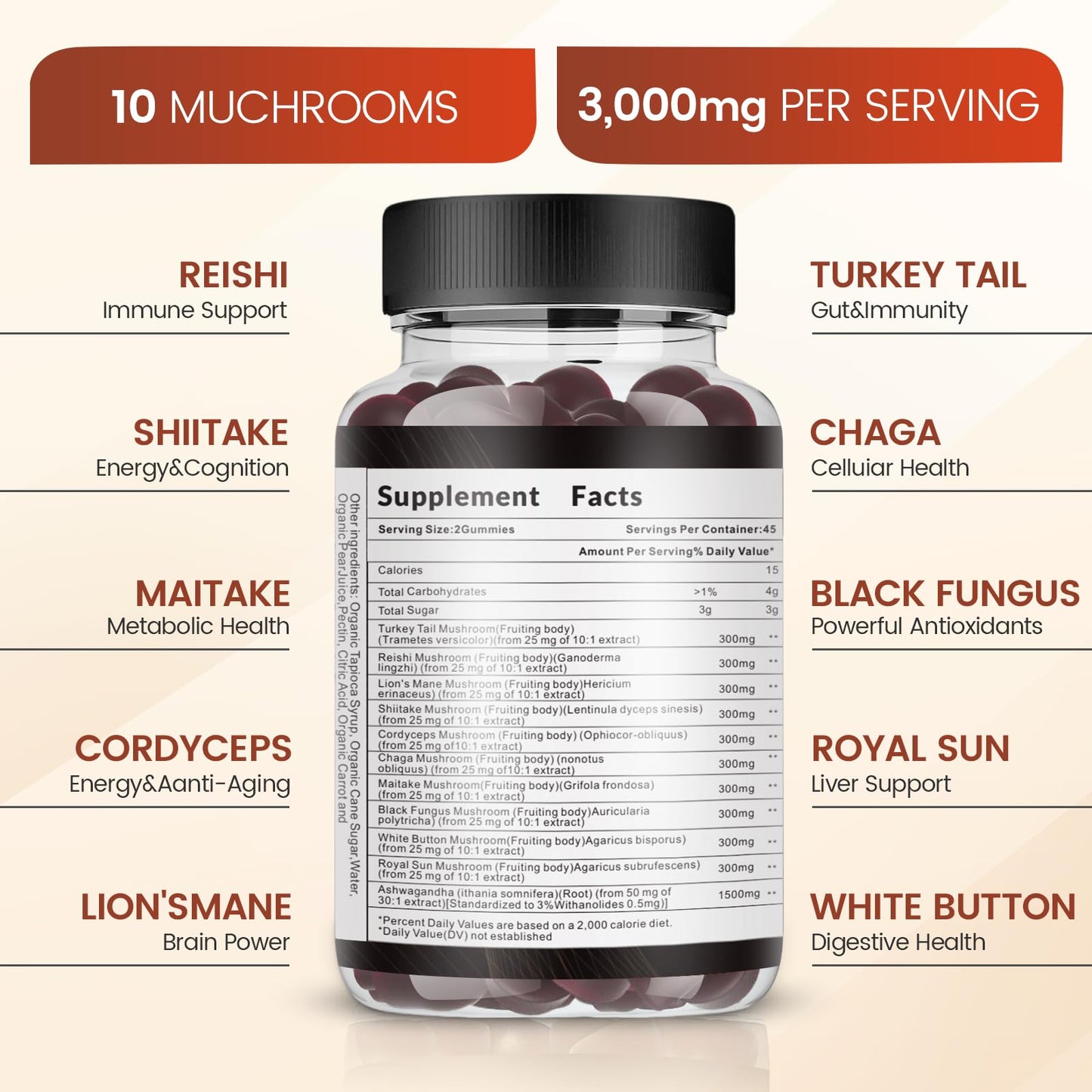 Vegavero Mushroom Gummies - 10x Mushroom Blend - Mushroom Complex - Mushroom Supplement 90 Count
