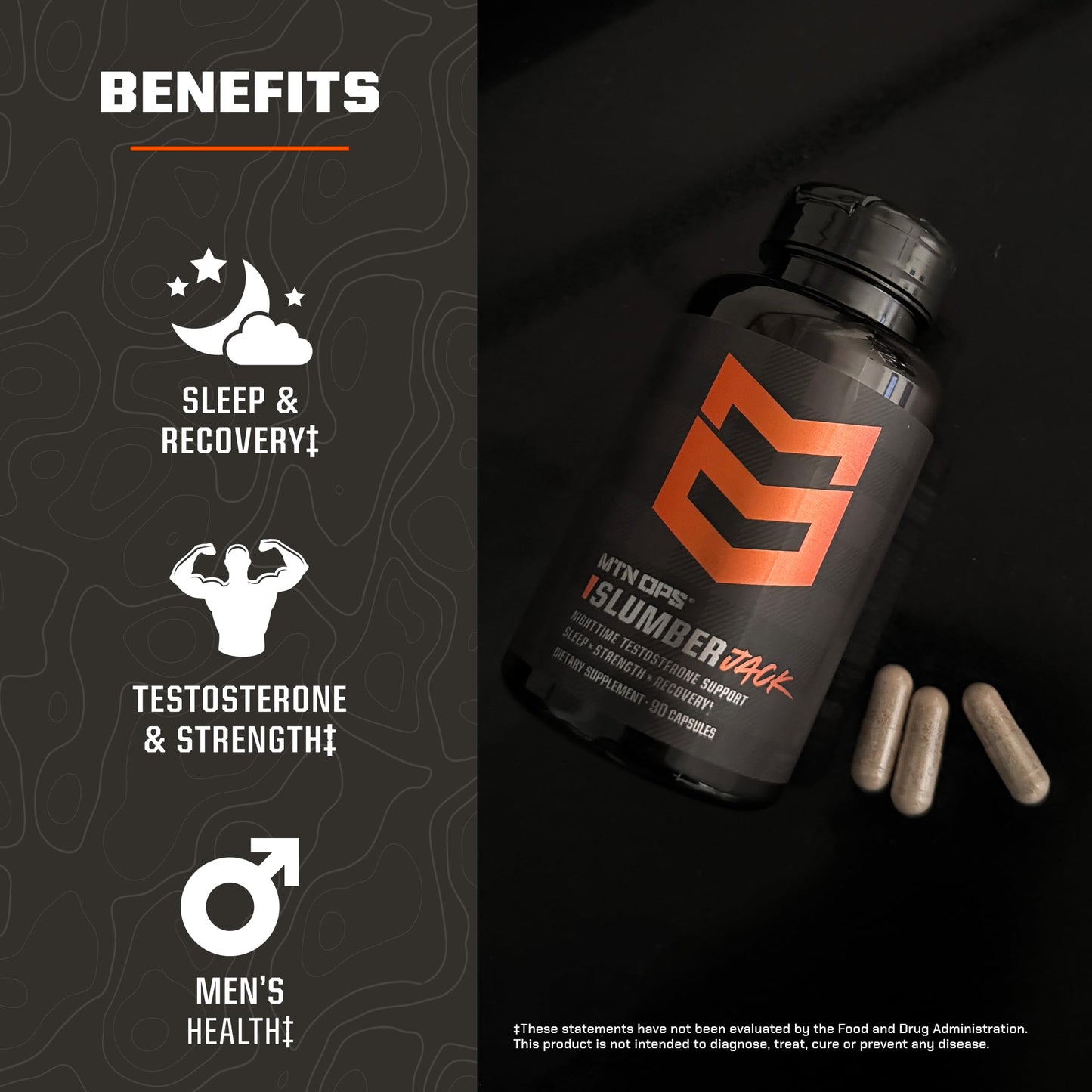 MTN OPS Slumber Jack Nighttime Testosterone Support for Men Sleep & Recovery Supplement with Ashwagandha, GABA, Melatonin & Tesnor, 90 Capsules