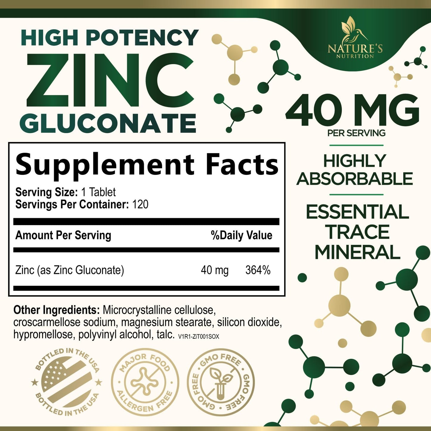 Nature's Nutrition Zinc 40mg High Potency Supplement for Immune System Support & Skin Health, 120 Tablets