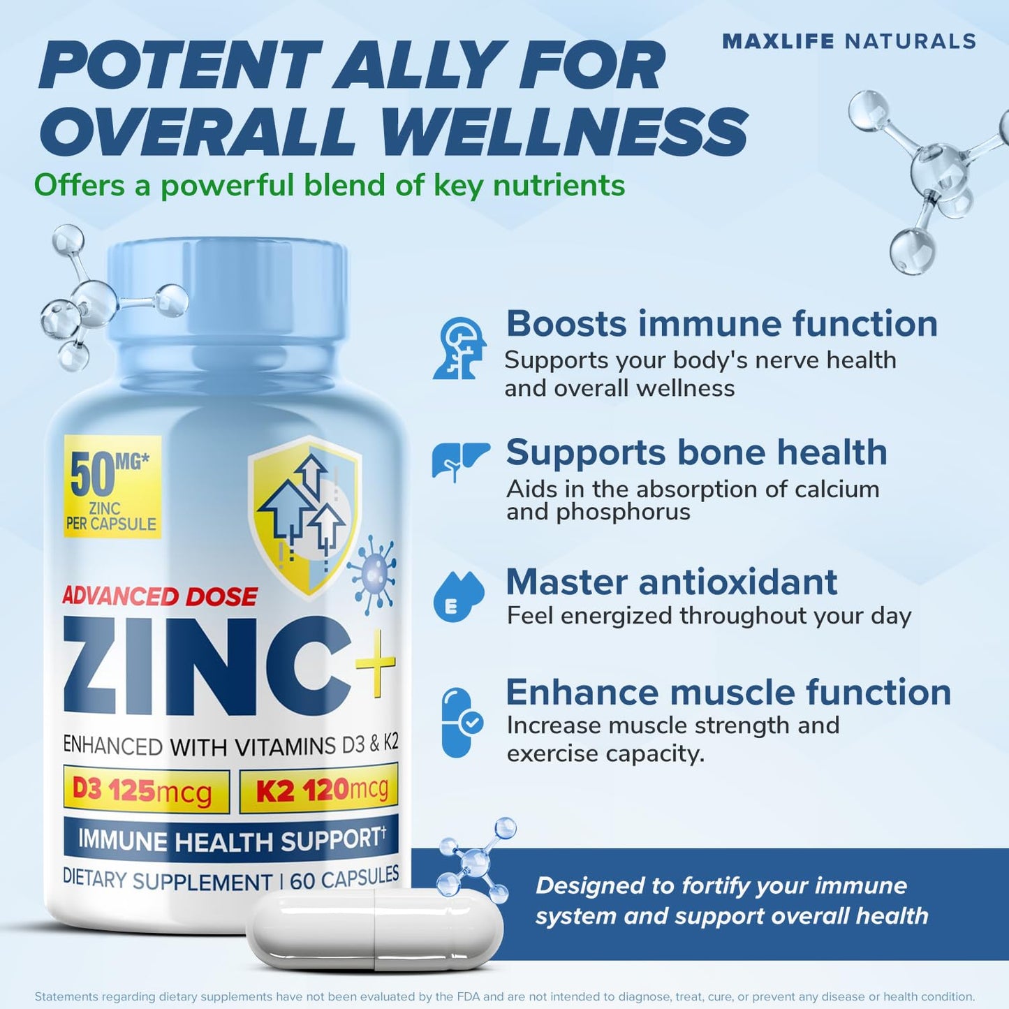 MAXLIFE NATURALS Zinc Picolinate 50mg D3 K2 Capsules, 60 Capsules