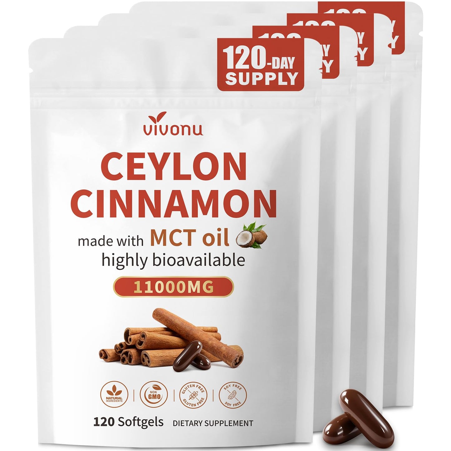 VivoNu 2-in-1 Organic Ceylon Cinnamon with MCT Oil Softgels, 480 Softgels