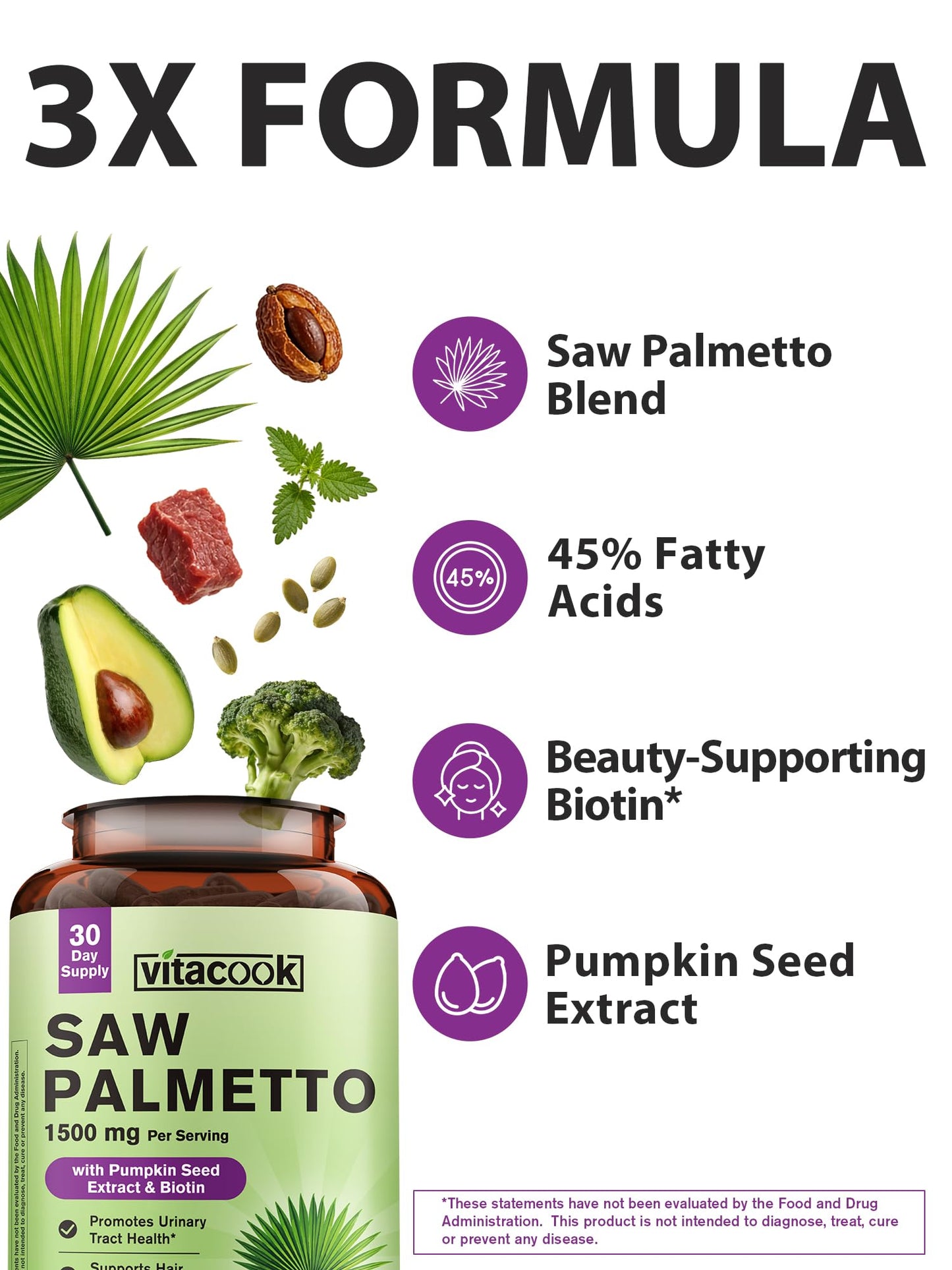 Vitacook Saw Palmetto Supplement for Men and Women 1500mg, with Pumpkin Seed Extract and Biotin, Urinary Tract Function, Hair, Skin, and Nail Health, 60 Vegetarian Capsules