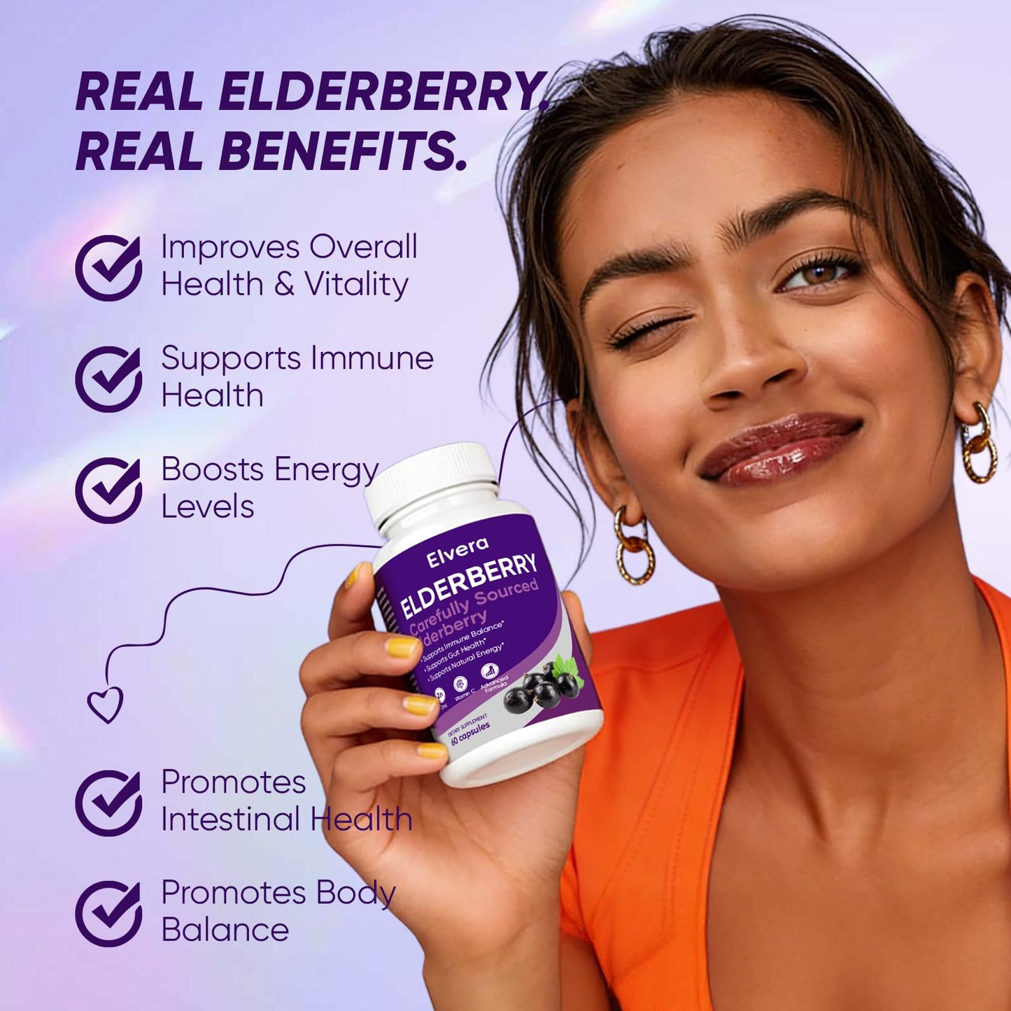 UOZXIL Elvera Elderberry Gut Support Complex 1200 mg Sambucus Elderberry Extract, Zinc + Vitamin C Advanced Formula, Digestive Wellness & Boost Energy, 60 Capsules