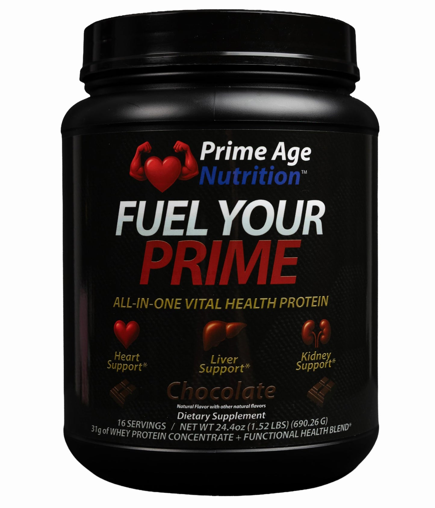 Prime Age Nutrition Whey Protein Powder, Chocolate Flavor, with CoQ10 and Magnesium, Supports Circulation & Liver Function, 24.4 oz