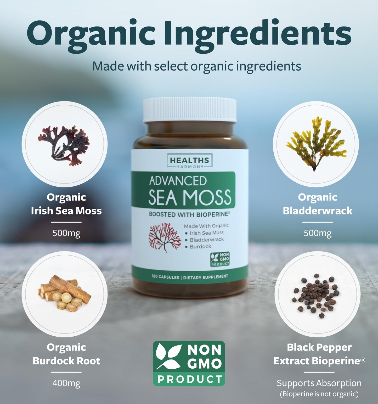 Healths Harmony Organic Irish Sea Moss Capsules, 180 Count