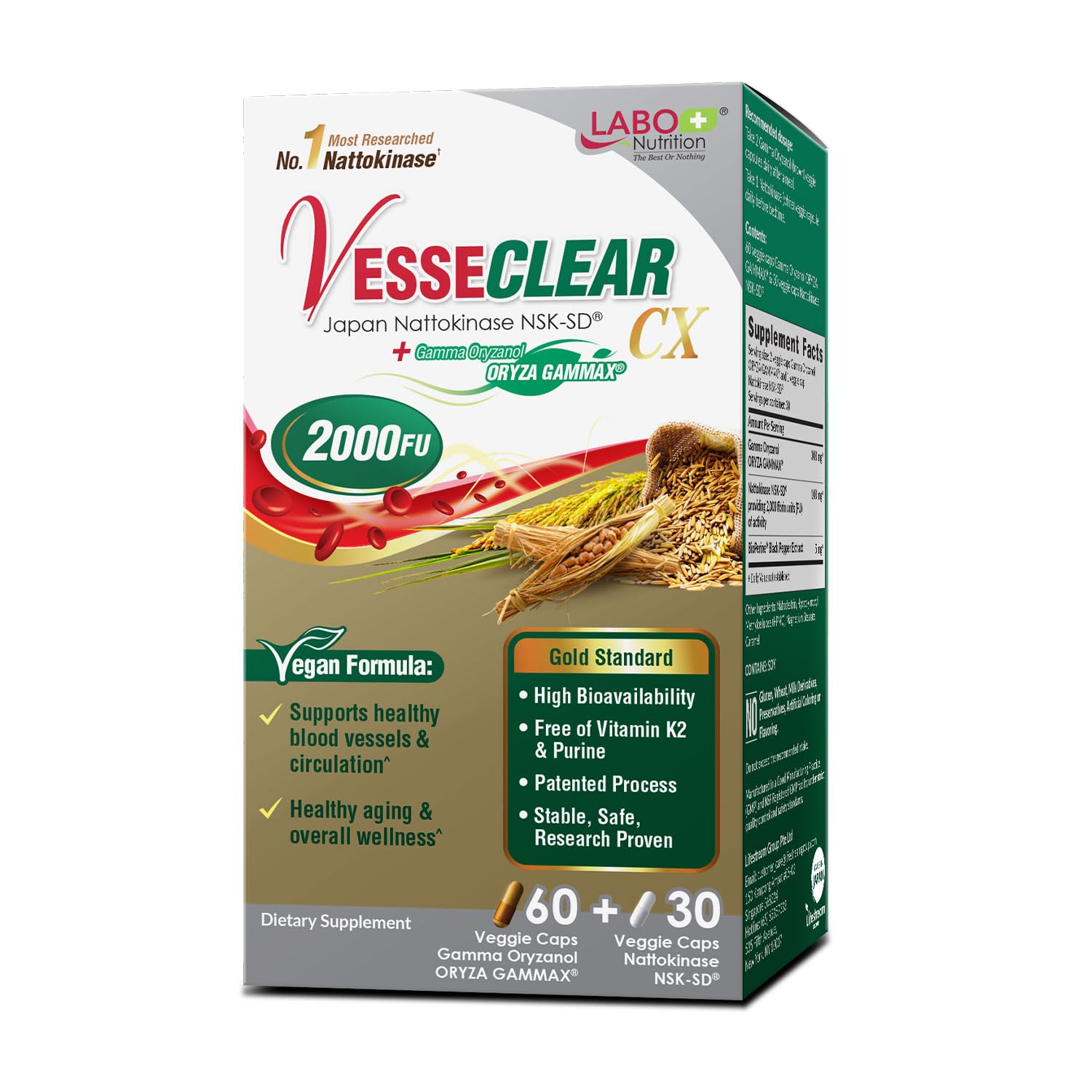 LABO Nutrition VesseCLEAR CX Nattokinase NSK-SD + Gamma Oryzanol Capsule, 60 Count