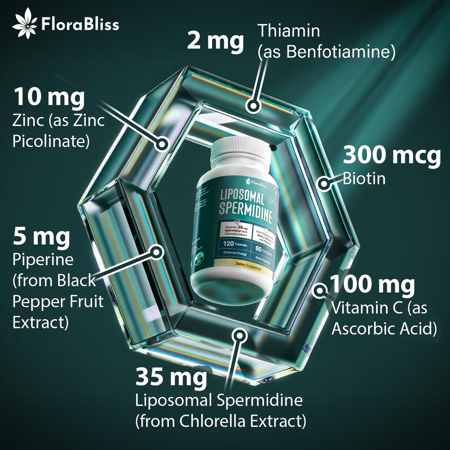 FloraBliss 35mg Spermidine Supplement from Chlorella with Thiamin, Zinc, Biotin, & Vitamin C, 120 Capsules