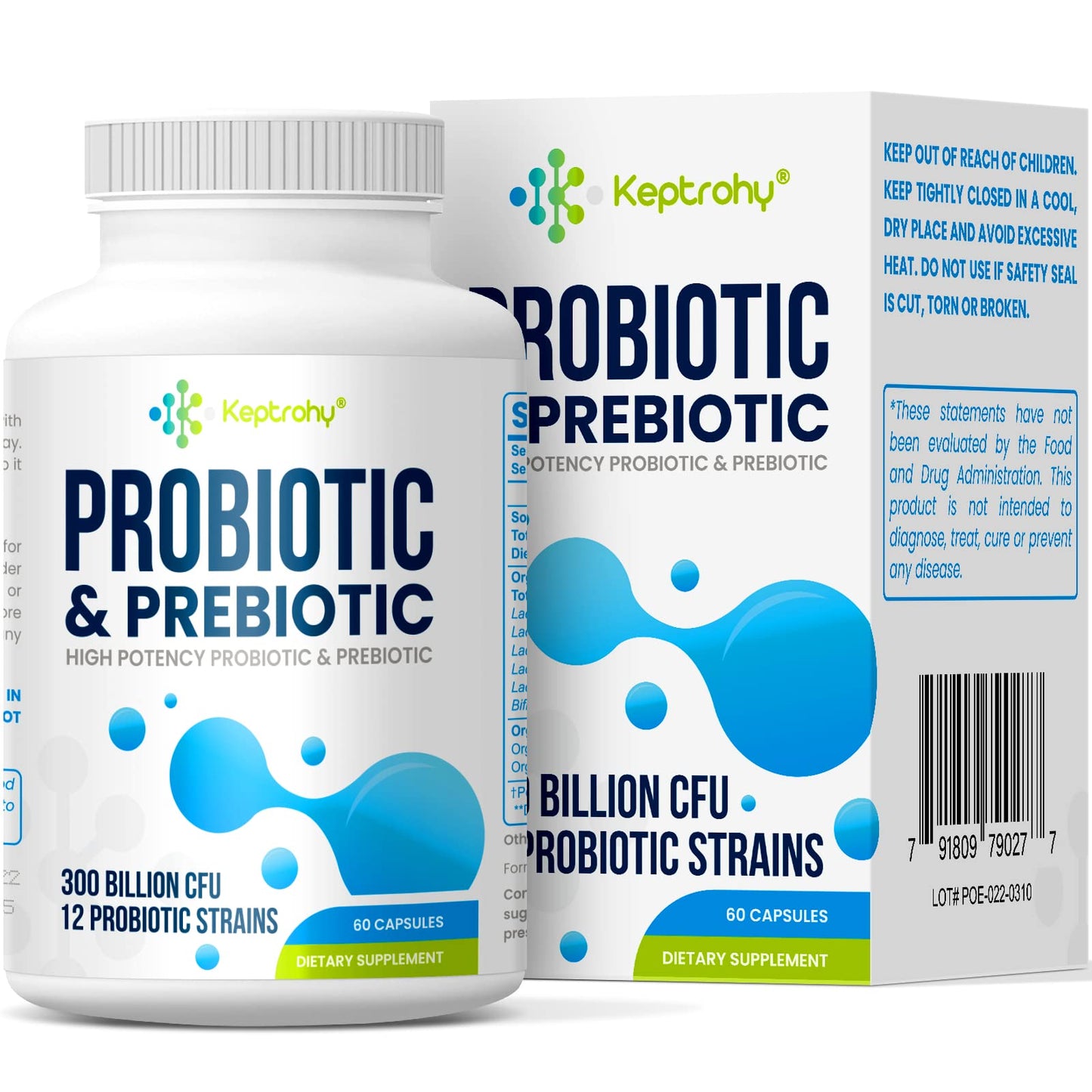 Keptrohy Probiotics for Women & Men 300 Billion CFU Probiotics from 12 Strains + Organic Prebiotics Blend for Daily Digestive, Immune, Gut, Bloating, Gut Health, Shelf Stable 60 Capsules