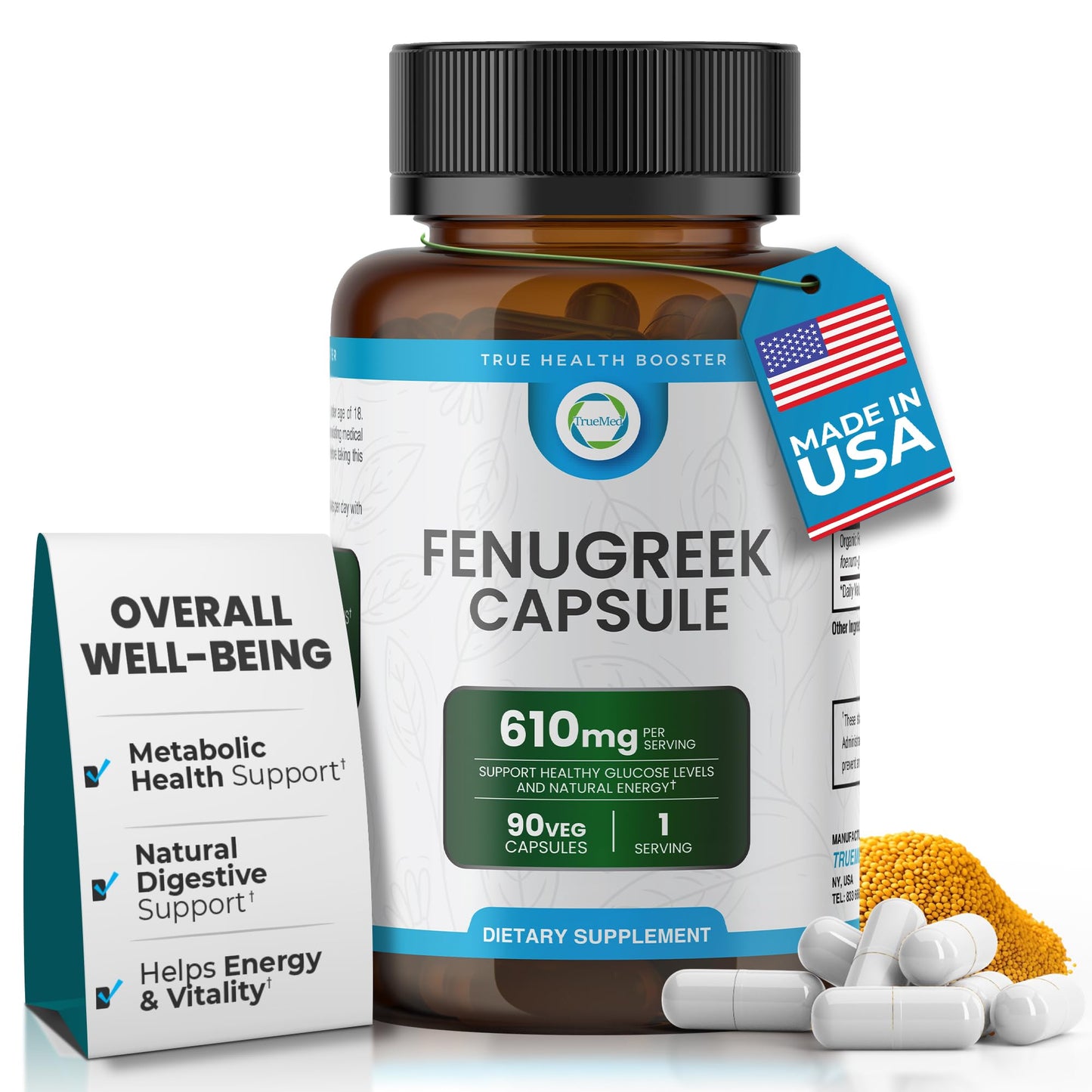TRUEMED Organic Fenugreek 610 mg Vegetable Capsules, 90 Count