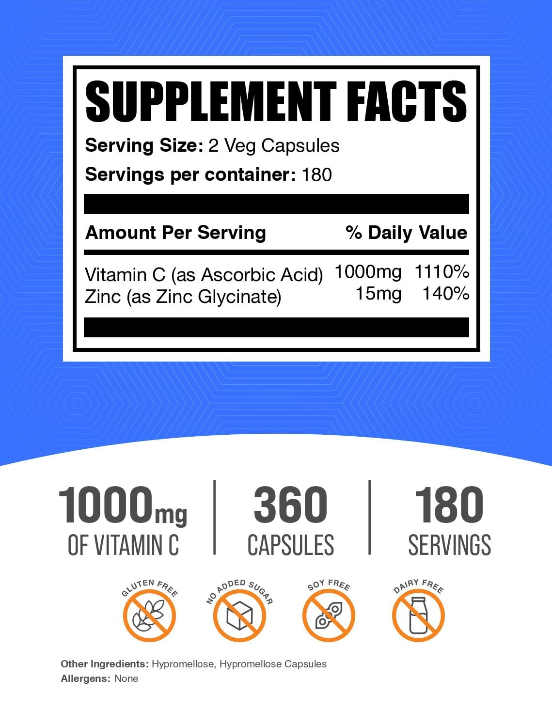 BulkSupplements Vitamin C with Zinc Capsules, Vitamin C 1000mg & Zinc 15mg, Immune Support, Vegan, 360 Capsules