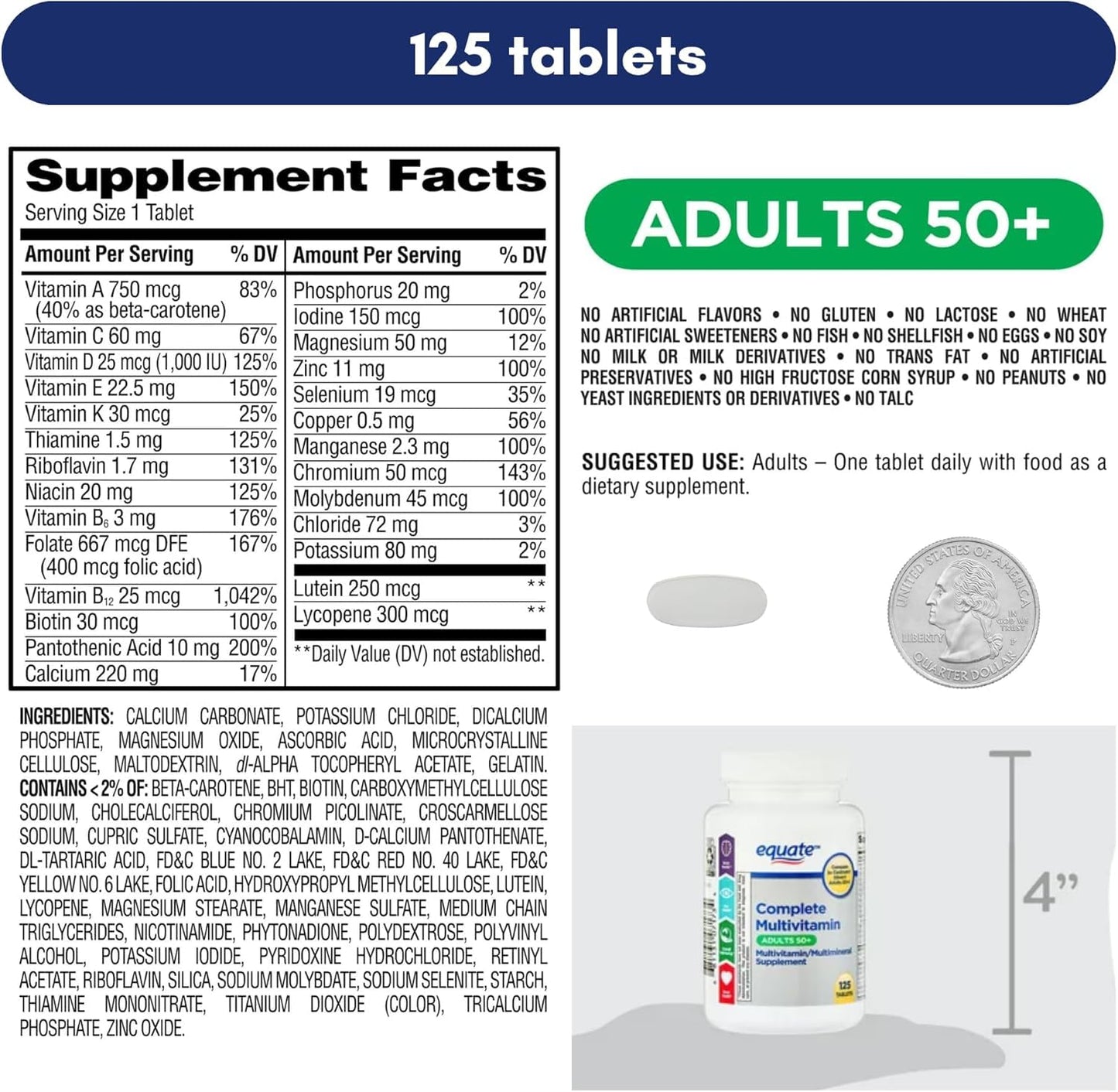 Generic Equate Adult 50+ One Daily Complete Multivitamin Multimineral Supplement 125 Tablets