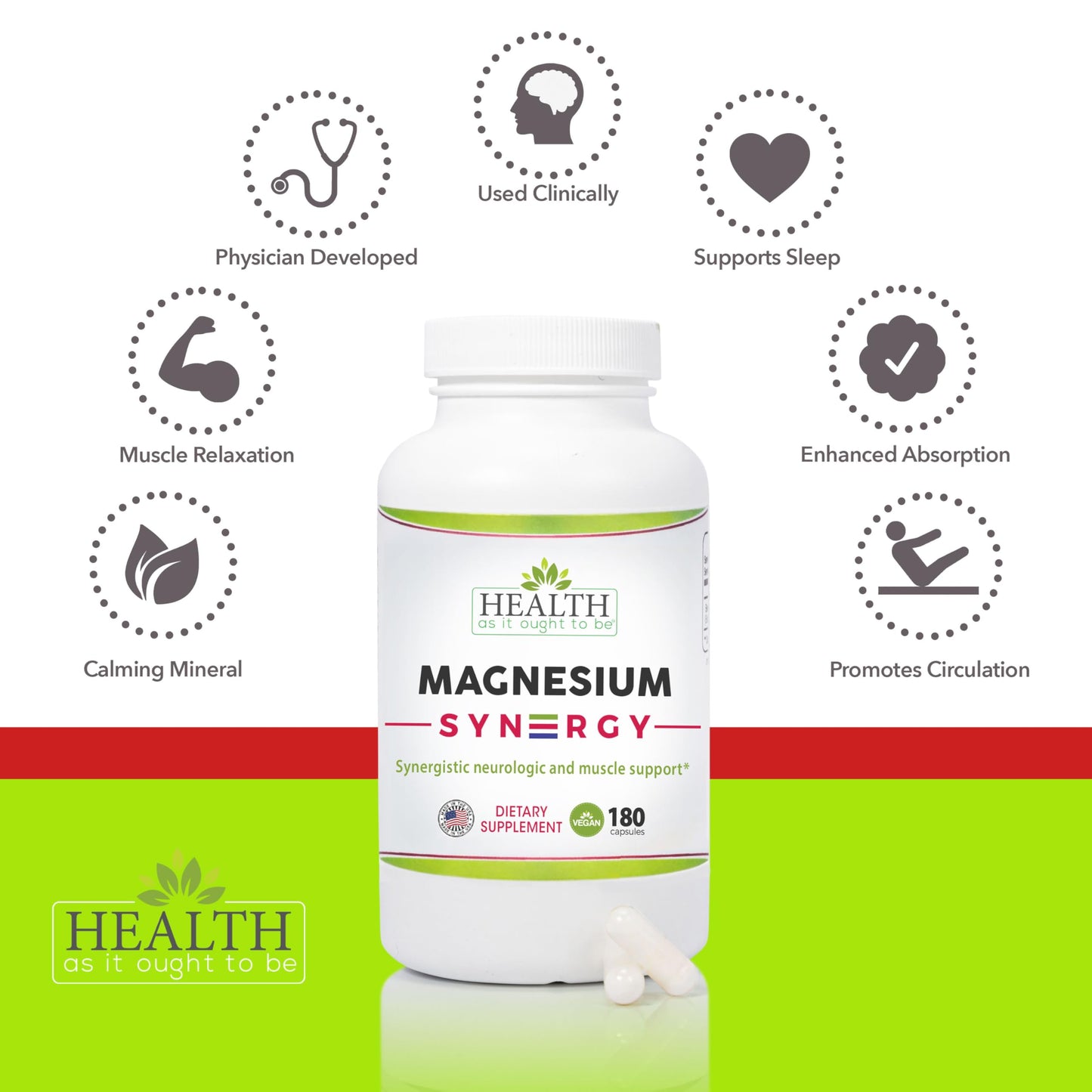 Health As It Ought To Be Magnesium Syn3rgy (Mag BisGlycinate, Mag Malate, Mag Taurate) Capsules, 180 Count