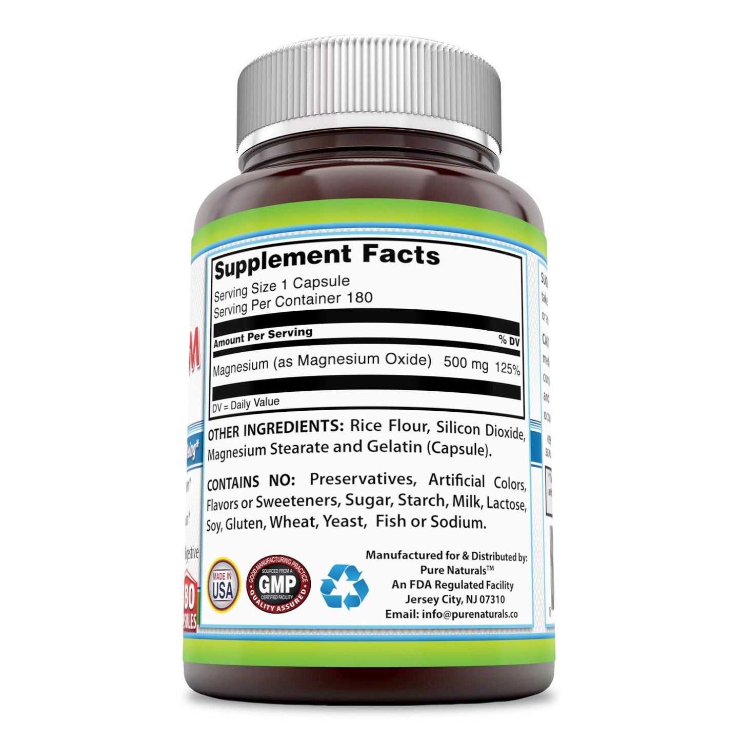 Pure Naturals Magnesium Oxide Supplement 500 mg Capsule, 180 Count