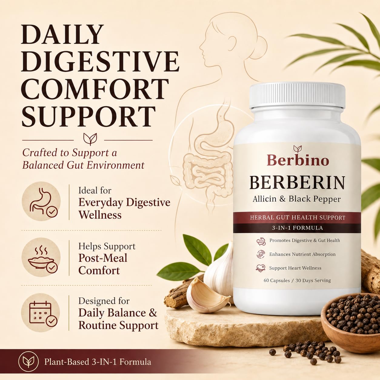 NEURODROPS Berbino Berberine Complex with Allicin & Black Pepper Extract Capsules, 60 Count