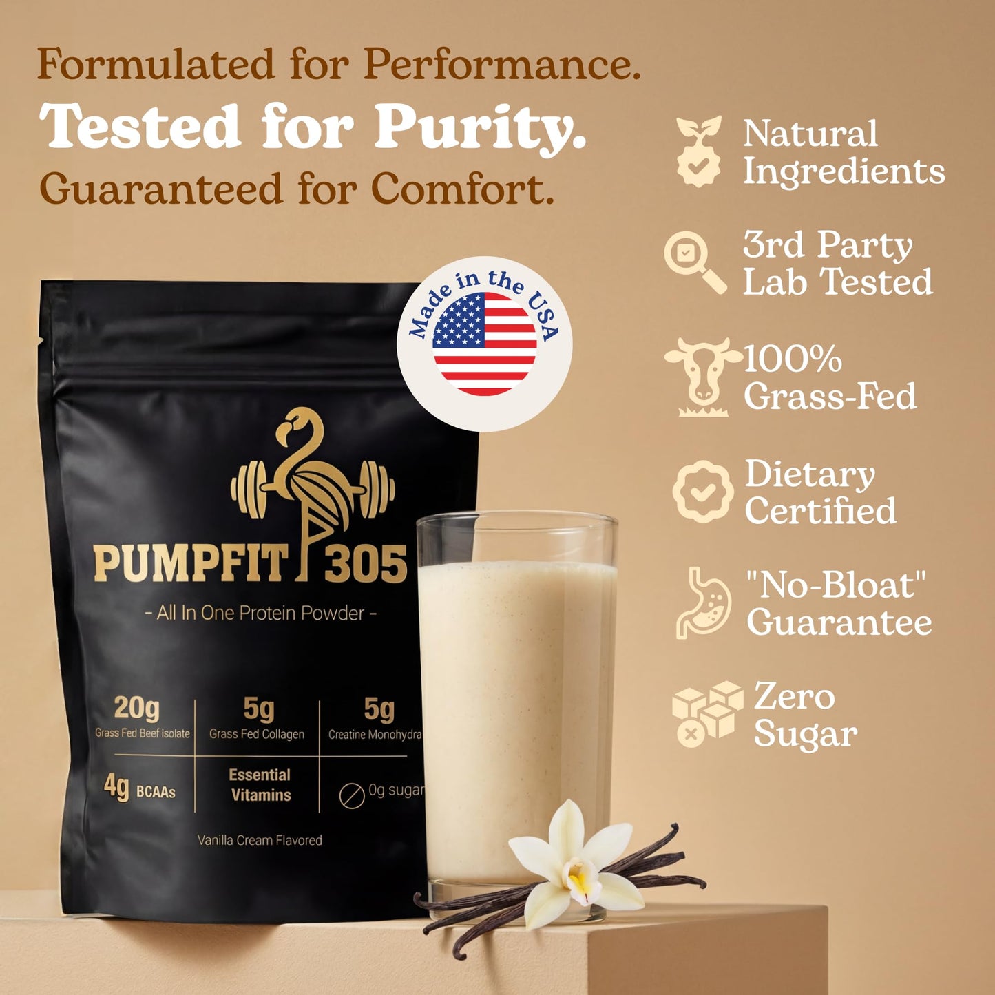 PUMPFIT 305 6-in-1 Complete Nutritional Foundation Vanilla Grass-Fed Beef Protein Isolate Powder, 15 Servings