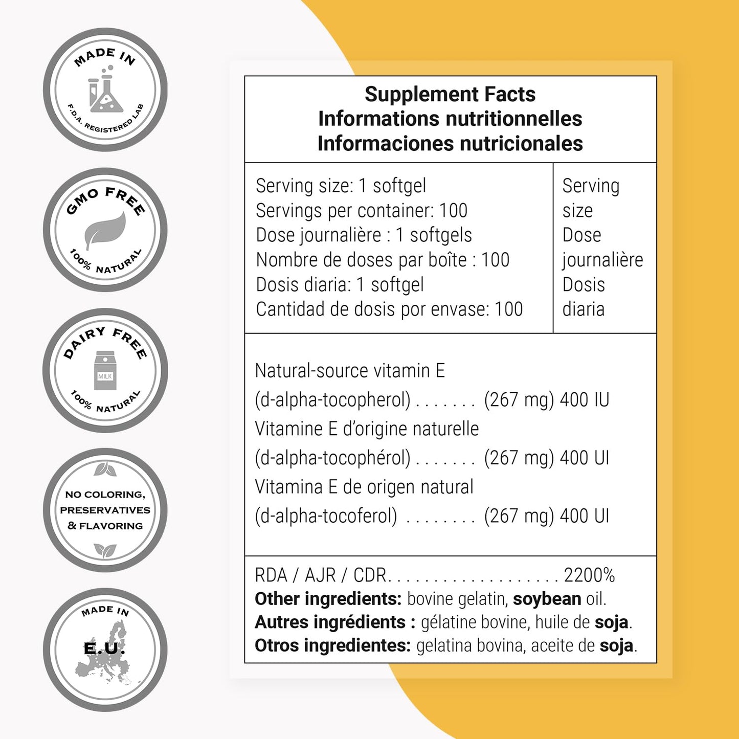 Supersmart Natural E 400 (D-Alpha Tocopherol) 1200IU per Day High Absorption Vitamin E Supplement Capsule 100 Count
