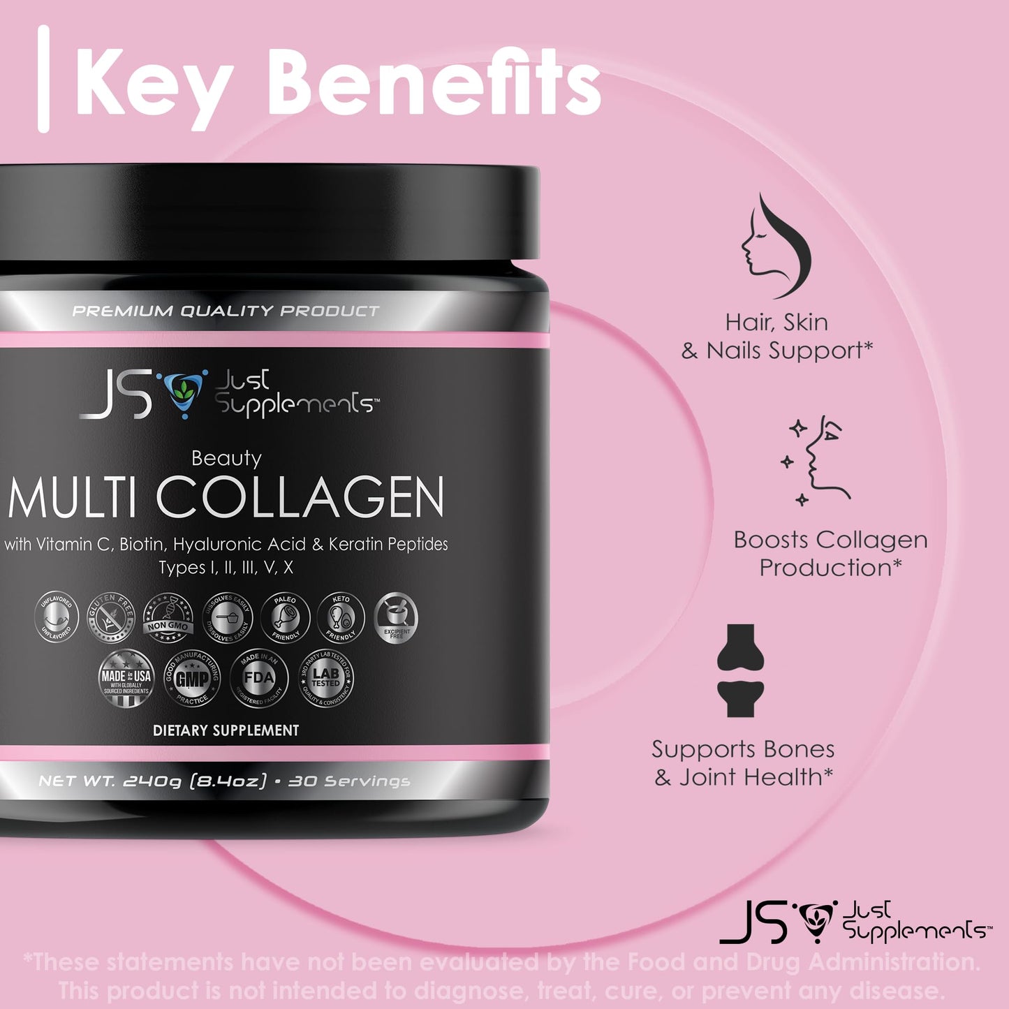 JS JUST SUPPLEMENTS Beauty Multi Collagen with Vitamin C, Biotin, Hyaluronic Acid & Keratin Peptides, Type I, II, III, V, X Powder, 8.4 oz