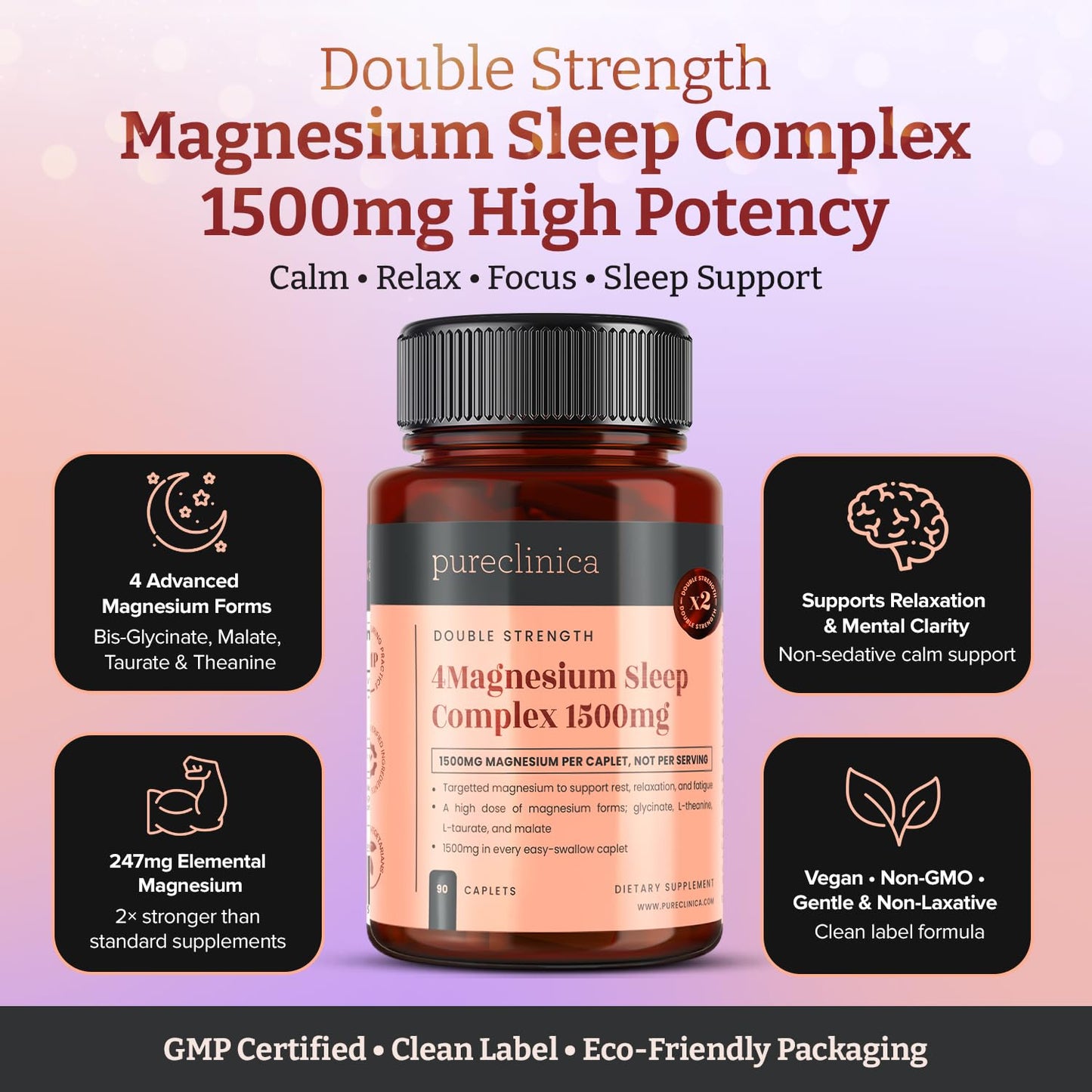 PureClinica Double Strength Magnesium Sleep Complex 1500mg Caplets 90 Count