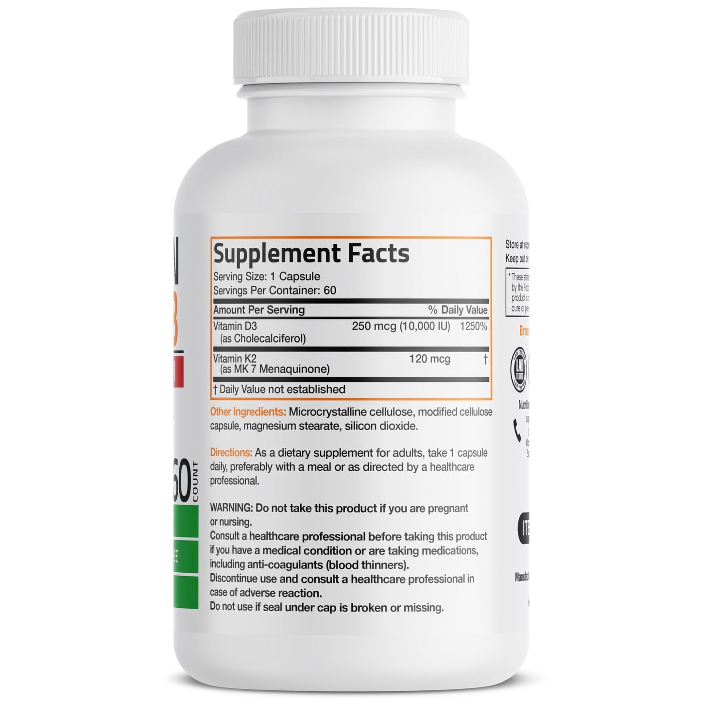 Bronson Vitamin K2 (MK-7) with D3 Extra Strength Bone Health Non-GMO Formula, 10,000 IU & 120 mcg MK-7, 60 Capsules