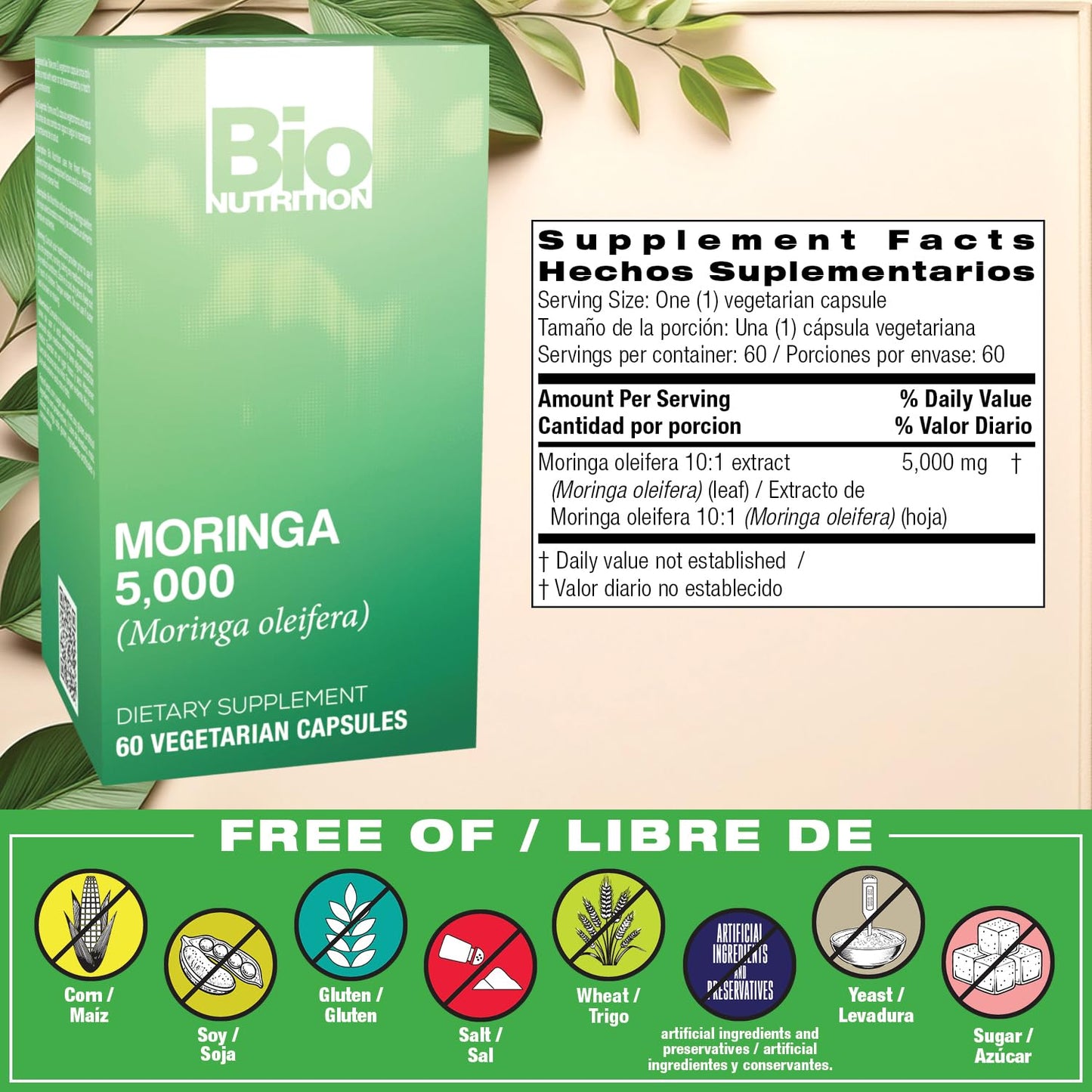 Bio Nutrition Moringa 5000mg Vegetarian Capsules, 60 Count