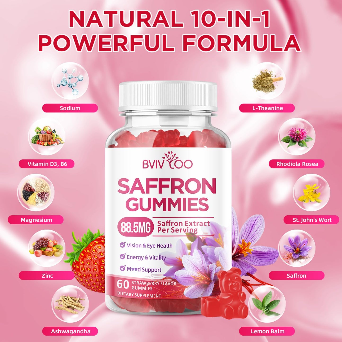 BVIVLOO Saffron Gummies 10-in-1 Formula, 2-Pack