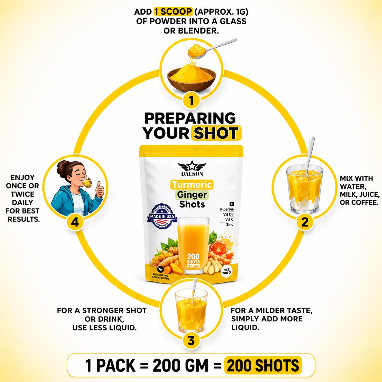 DAUSON Turmeric Shots Powder, 200 Servings