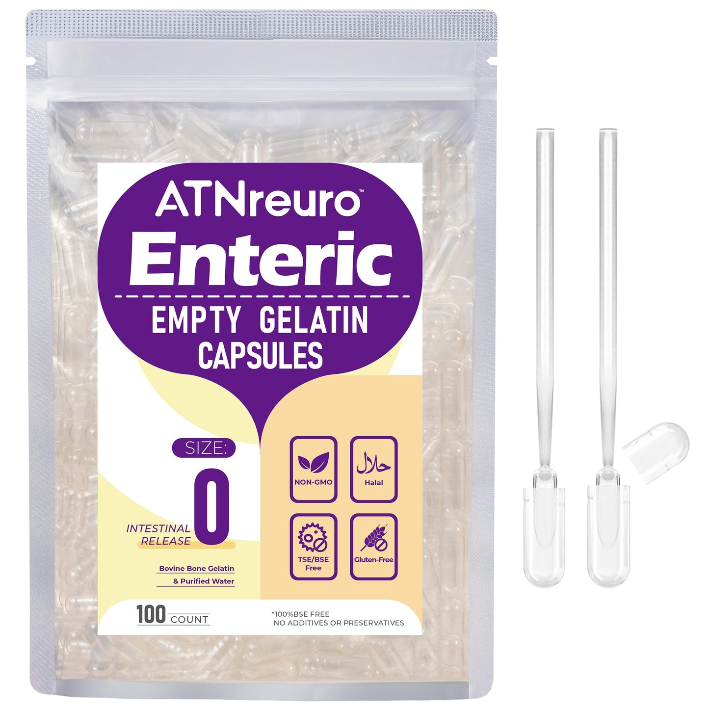 ATNreuro Size 0 Enteric Coated Empty Gelatin Capsules 100 Count