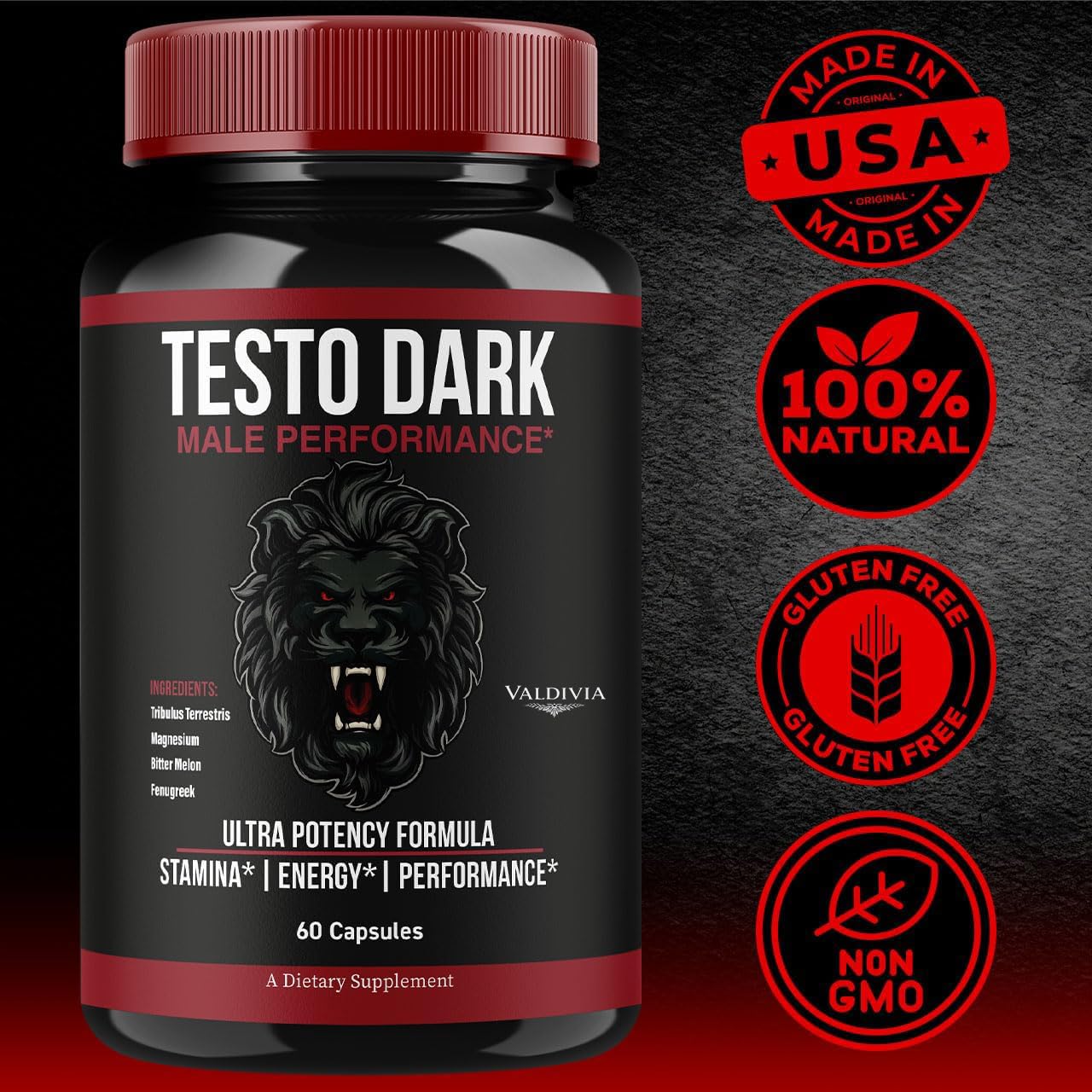 Valdivia TestoDark Premium Advanced Formula Capsules Supplement Support, 60 Capsules