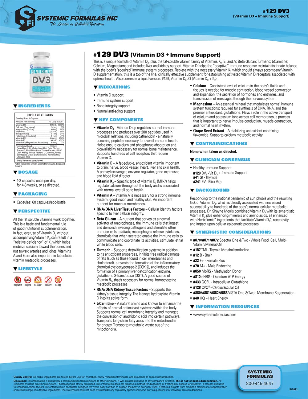 Systemic Formulas DV3 BioNutriment Vitamin D3 Plus Immune Support Capsule, 60 Count