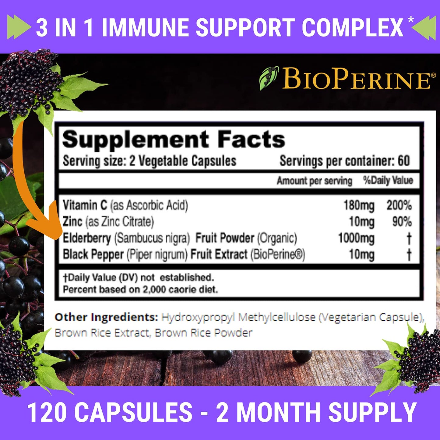 FRESH HEALTHCARE Elderberry Capsules High Potency Black Elderberry with Zinc & Vitamin C, 120 Capsules